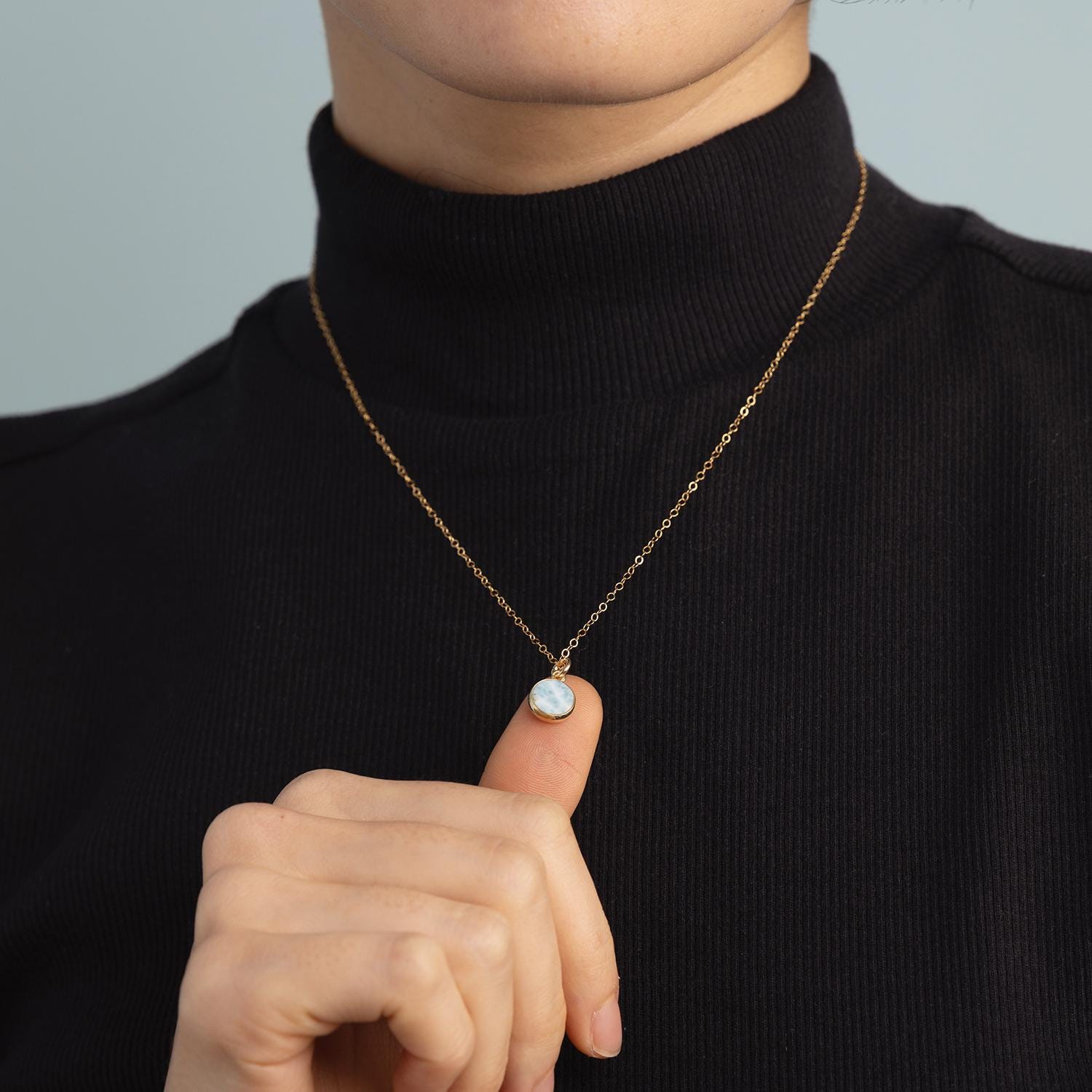 Larimar Mini Rounded Circle Pendant on Minimalist Cable Chain Necklace Necklaces Soul & Little Rose