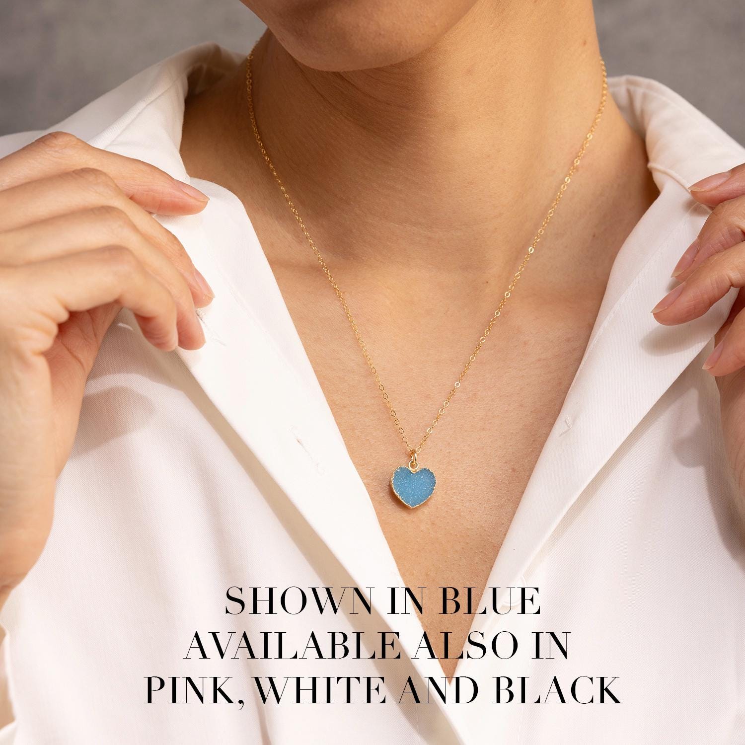 Druzy Blue Heart Pendant Necklace on 14k Gold Filled Delicate Adjustable Cable Chain Necklaces Soul & Little Rose