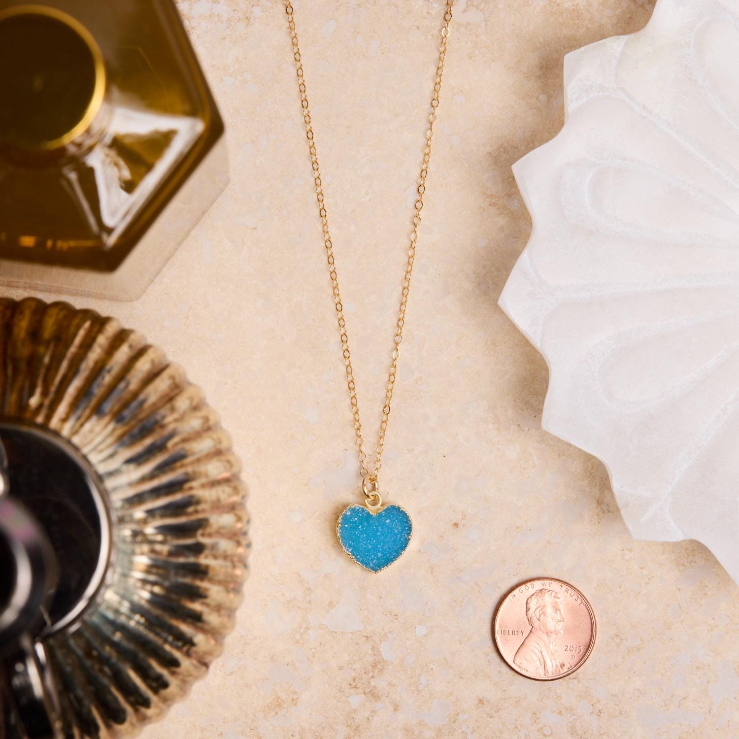 Druzy Blue Heart Pendant Necklace on 14k Gold Filled Delicate Adjustable Cable Chain Necklaces Soul & Little Rose