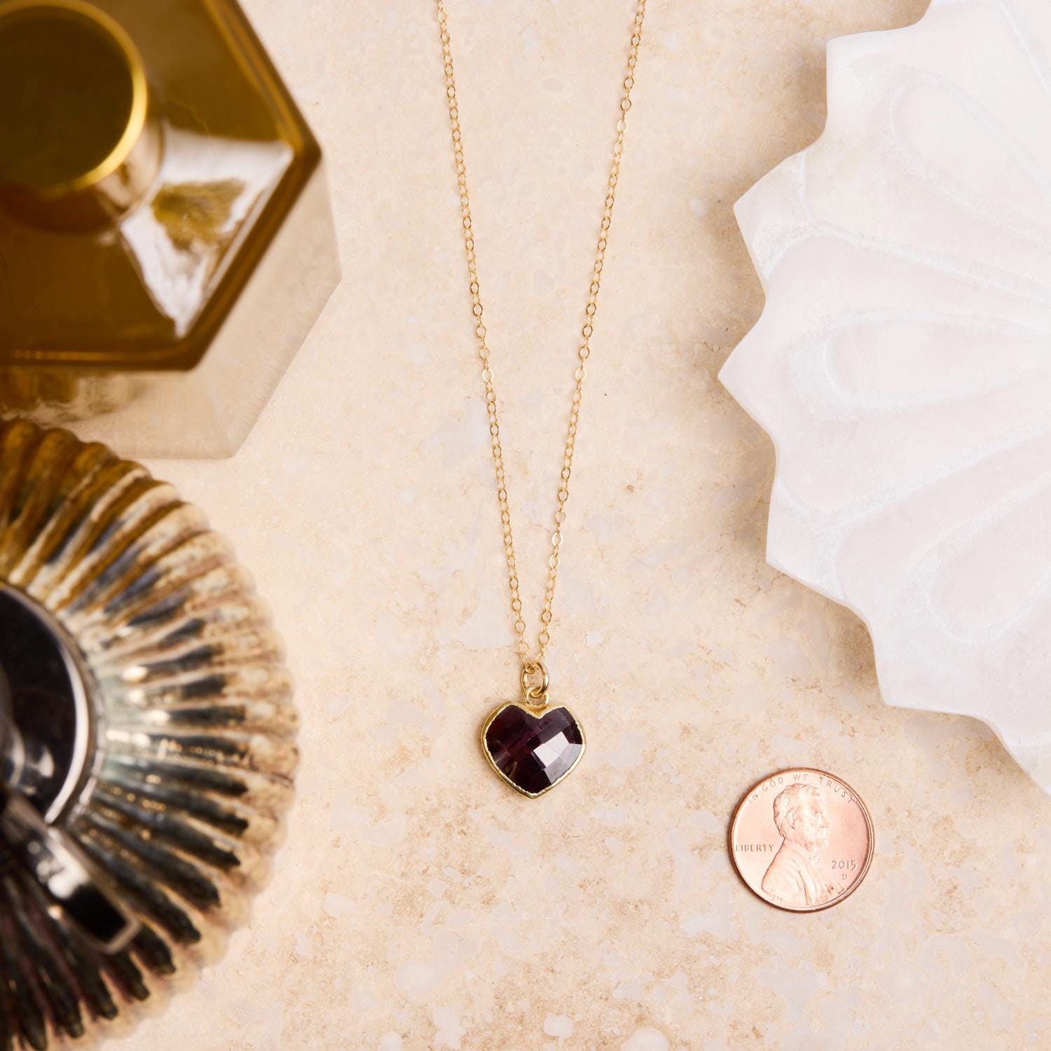 Garnet Heart Pendant Necklace on 14k Gold Flled Minimalist Adjustable Cable Chain Necklaces Soul & Little Rose