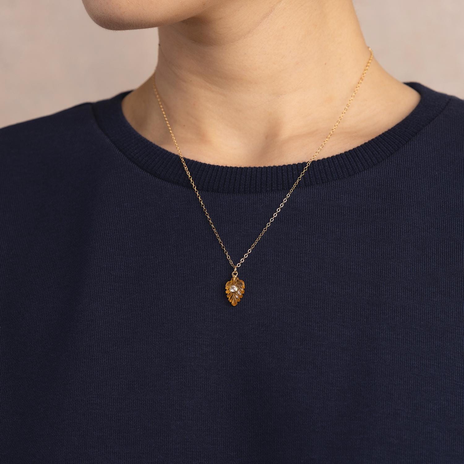 Citrine and White Topaz Leaf on Dainty Gold Chain Necklace Necklaces Soul & Little Rose