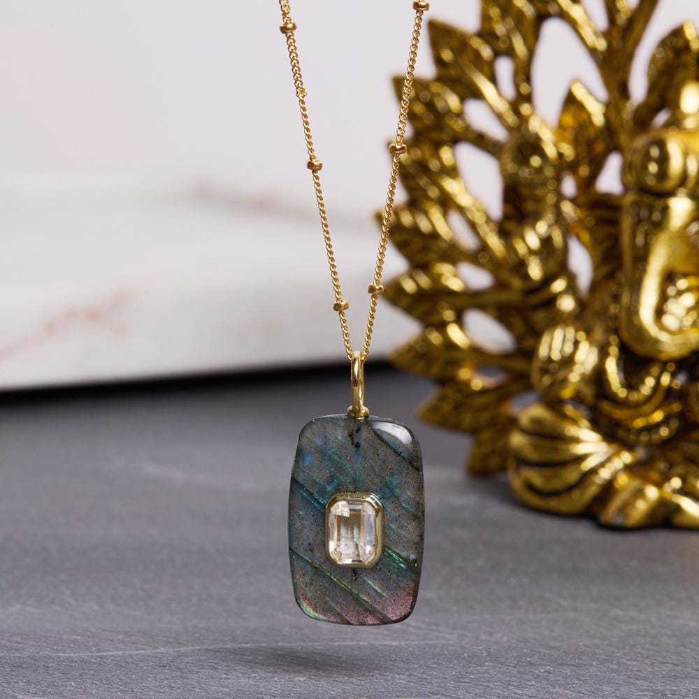 Labradorite and White Topaz Large Rectangle Pendant Necklace Necklaces Soul & Little Rose