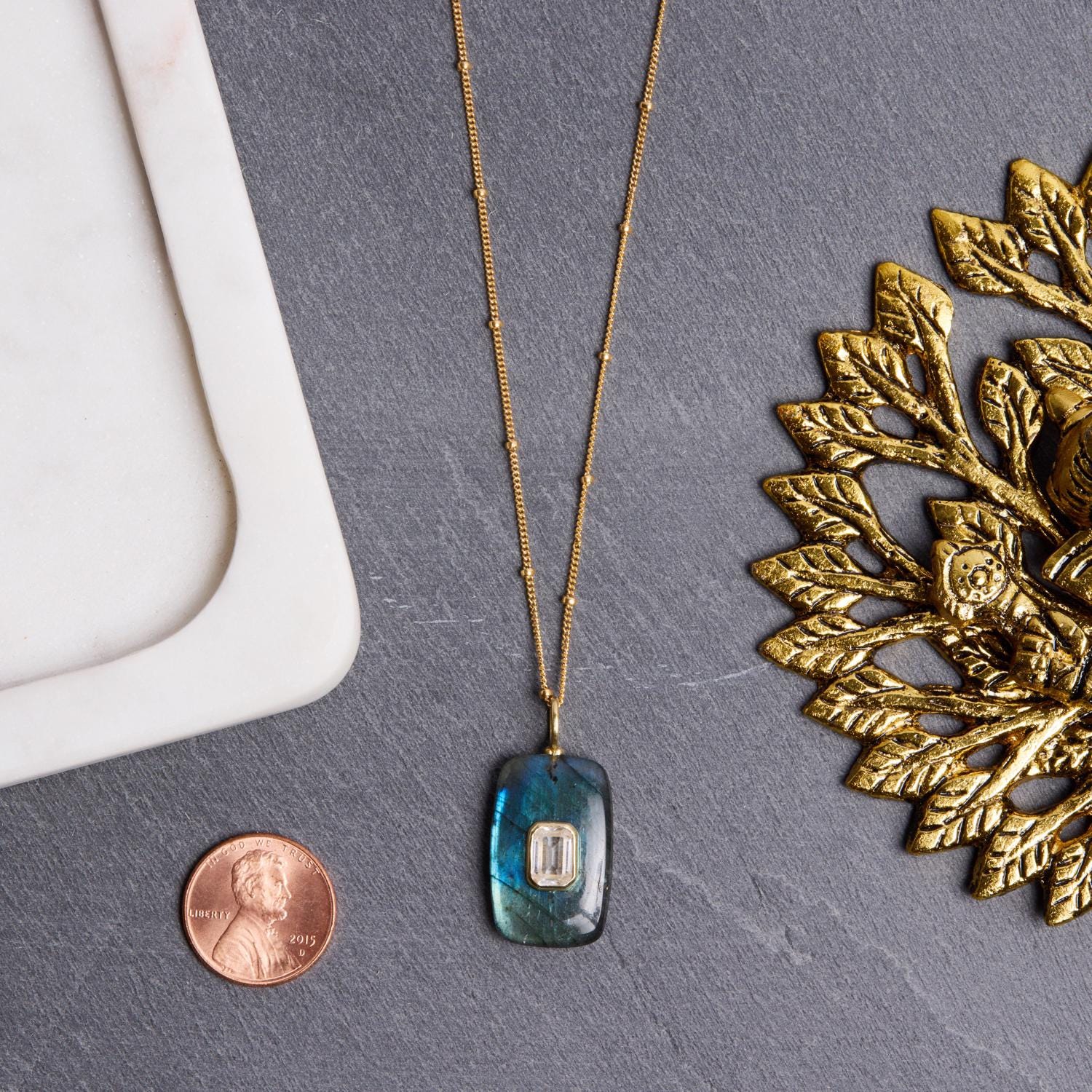 Labradorite and White Topaz Large Rectangle Pendant Necklace Necklaces Soul & Little Rose