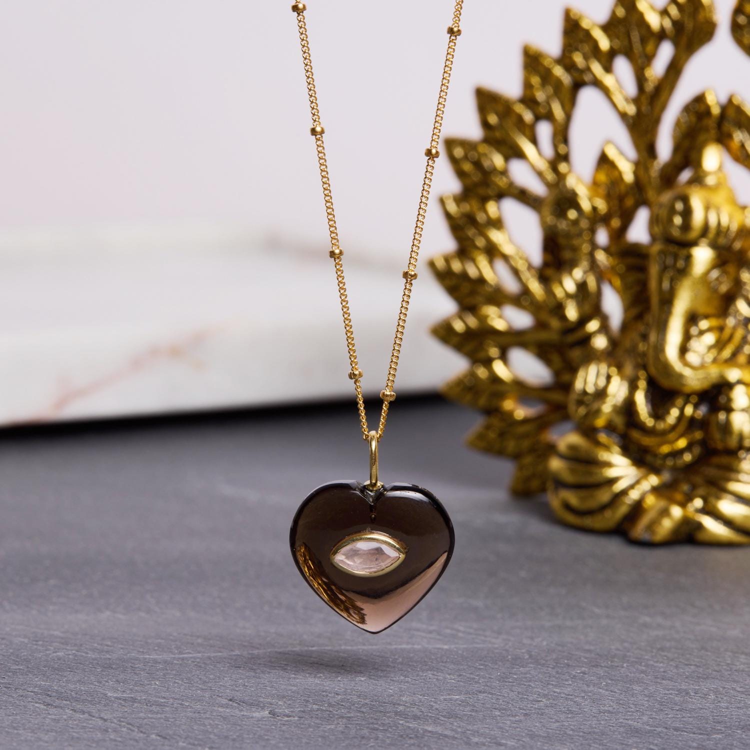Smoky Quartz and Pink Chalcedony Heart Pendant Gold Necklace Necklaces Soul & Little Rose