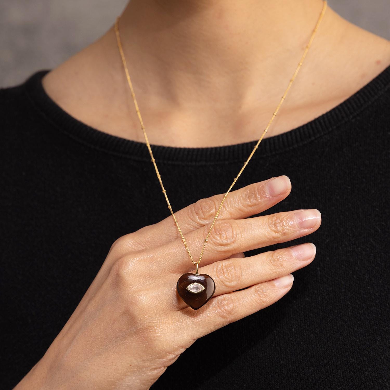 Smoky Quartz and Pink Chalcedony Heart Pendant Gold Necklace Necklaces Soul & Little Rose