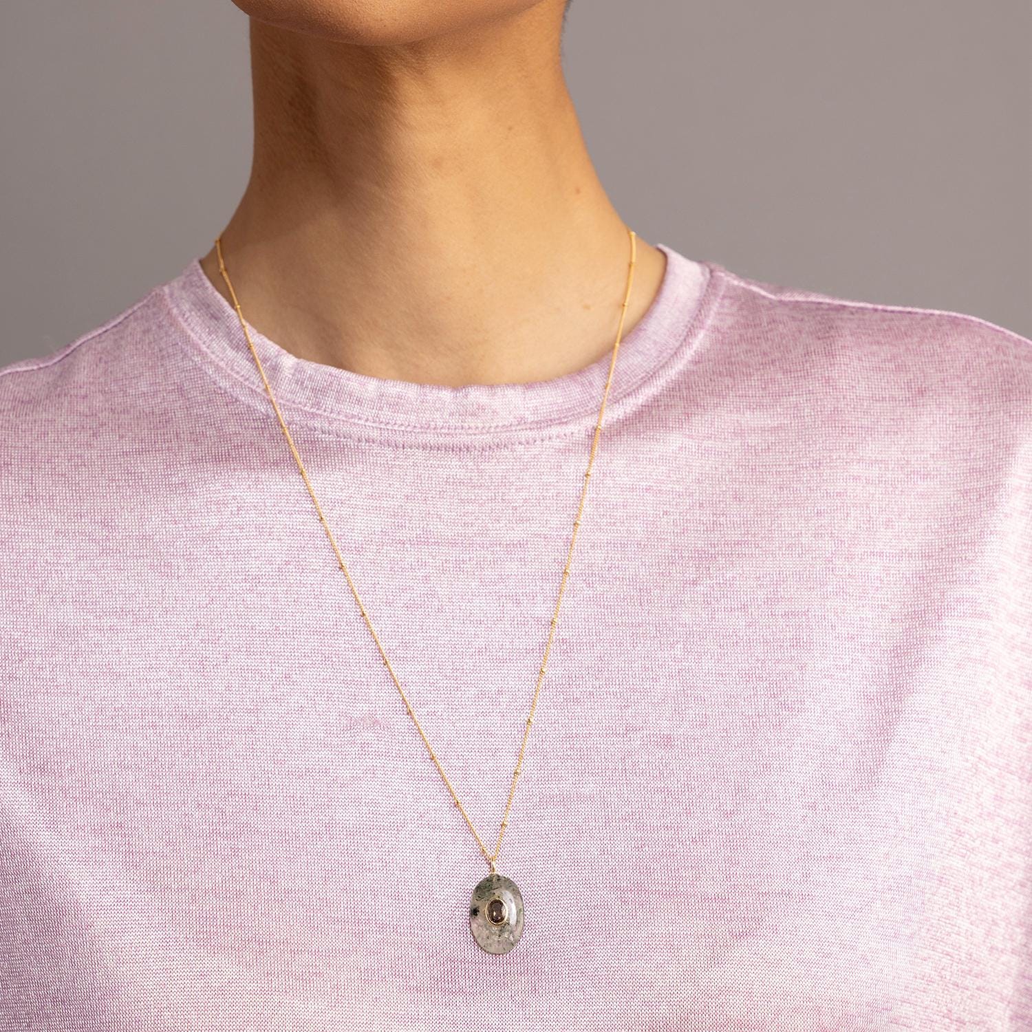 Moss Agate and Smoky Quartz Oval Gemstone Pendant Chain Necklace Soul & Little Rose