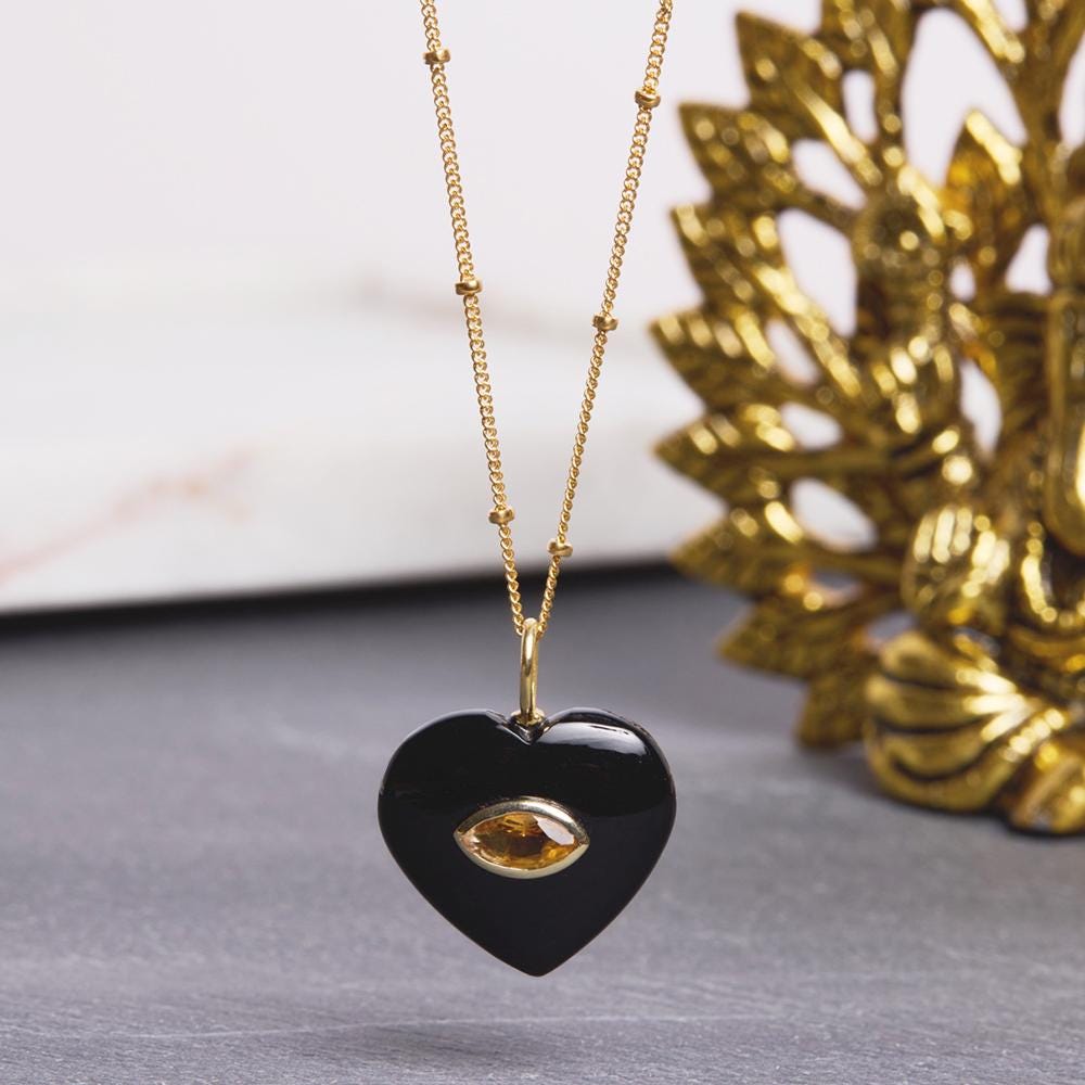 Black Onyx Heart with Citrine Eye Shaped Gemstone Pendant Necklace