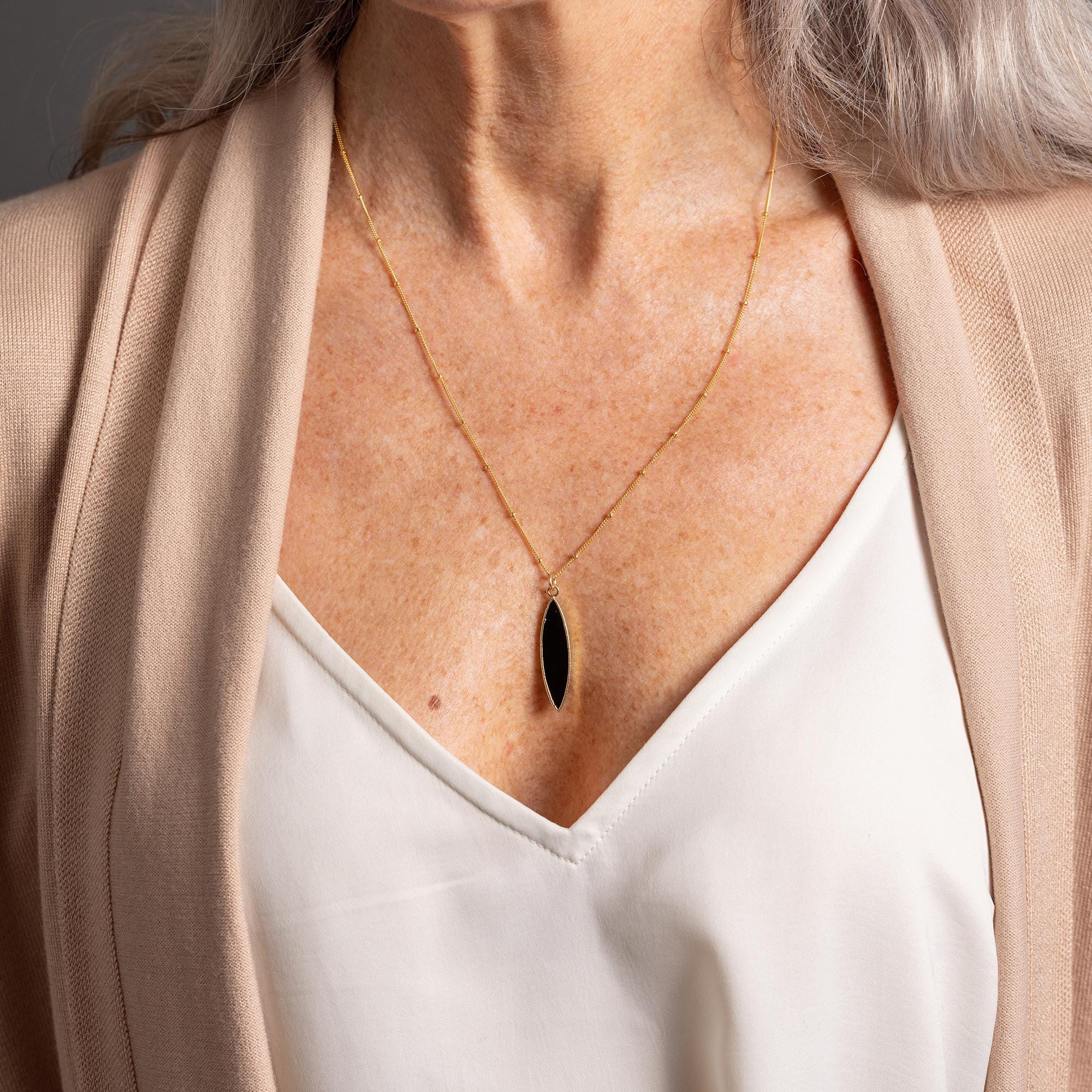 Gold Filled Elongated Marquise Black Onyx Pendant Necklace Necklaces Soul & Little Rose