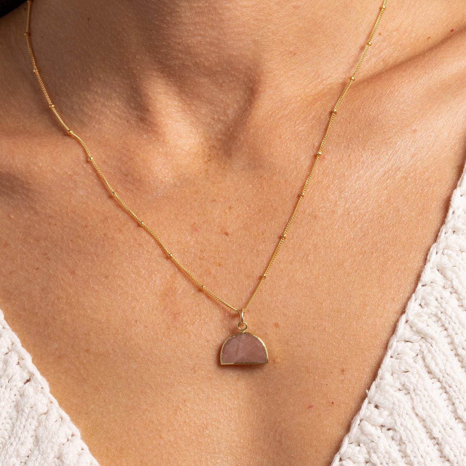 Gold Peach Moonstone Half Circle Shape Pendant Necklace Necklaces Soul & Little Rose