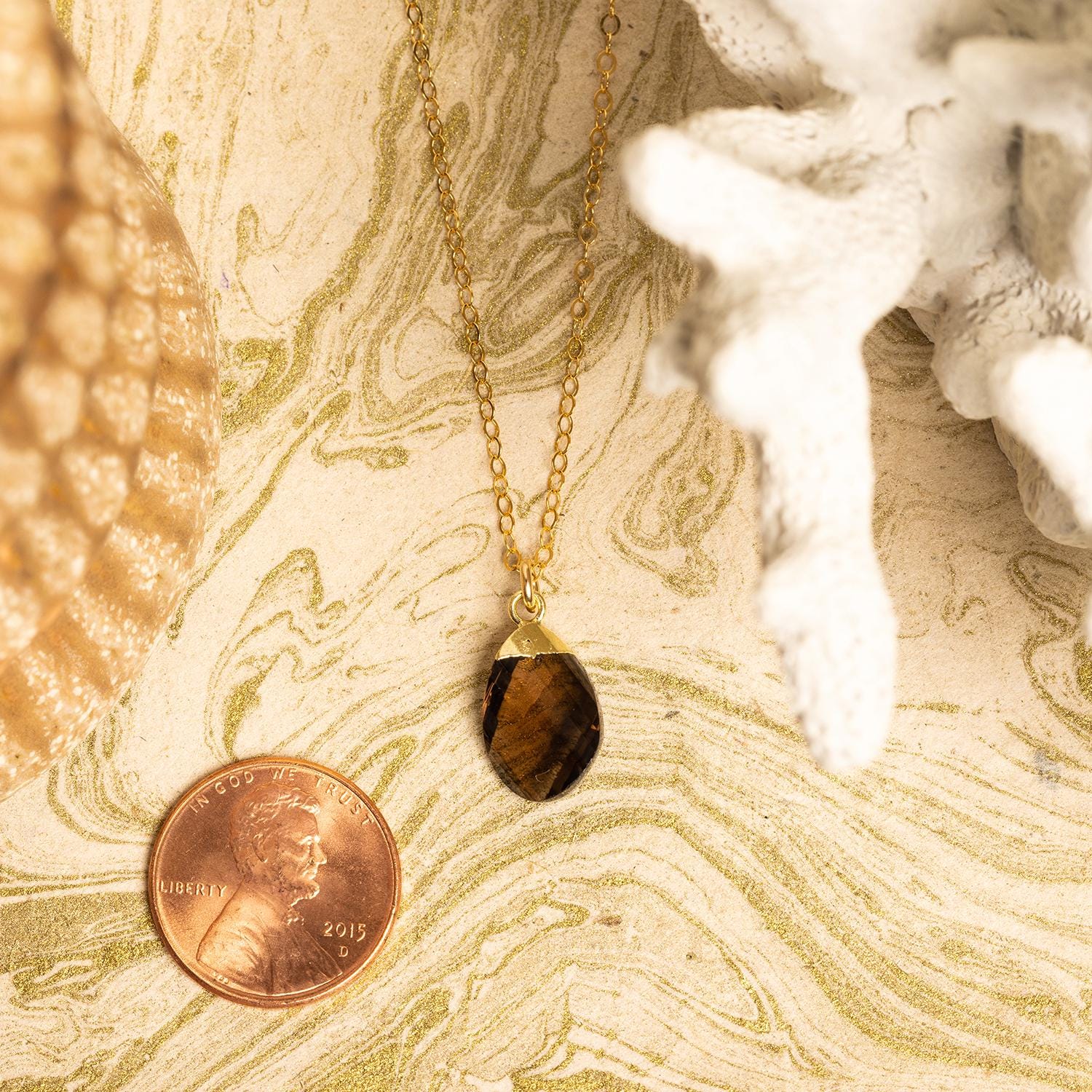 Smoky Quartz Gold Oval Pebble Style Drop Gemstone Pendant Necklace Necklaces Soul & Little Rose