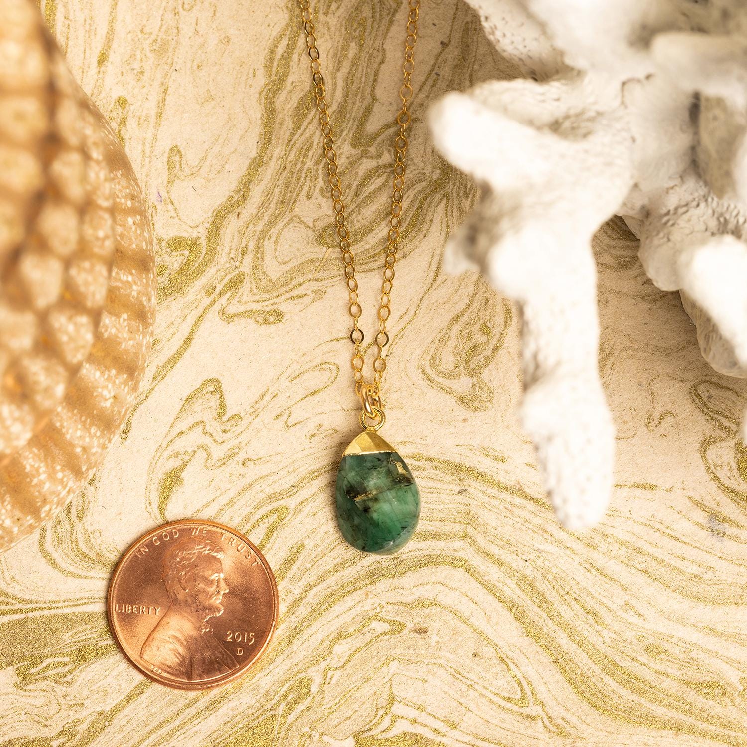 Raw Emerald Gold Oval Pebble Style Drop Pendant Necklace Necklaces Soul & Little Rose