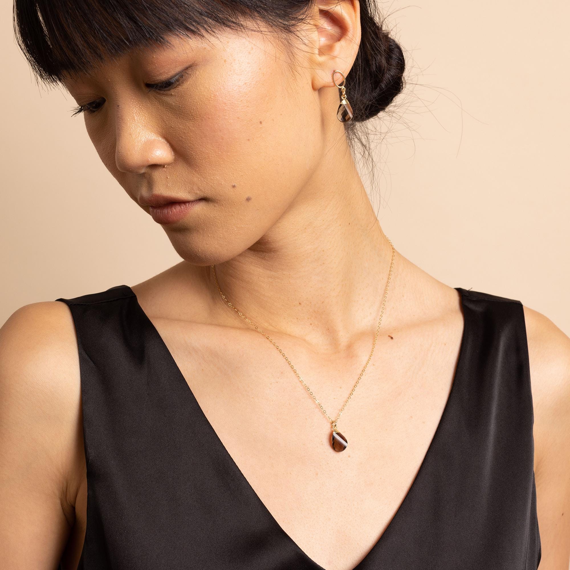 Smoky Quartz Gold Oval Pebble Style Drop Gemstone Pendant Necklace Necklaces Soul & Little Rose