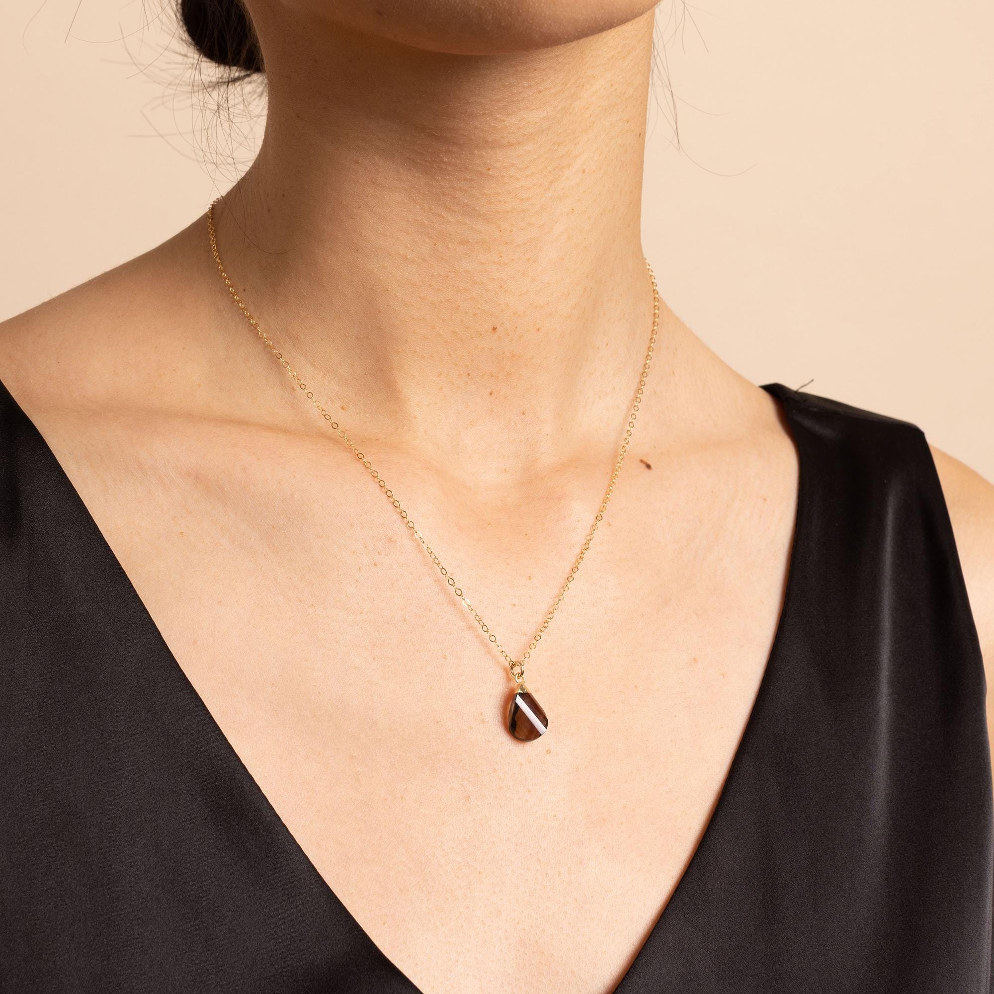 Smoky Quartz Gold Oval Pebble Style Drop Gemstone Pendant Necklace Necklaces Soul & Little Rose