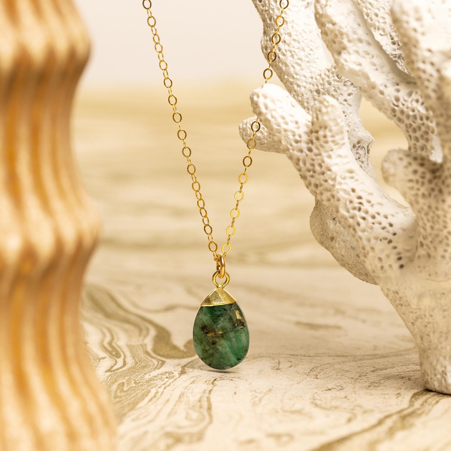 Raw Emerald Gold Oval Pebble Style Drop Pendant Necklace Necklaces Soul & Little Rose
