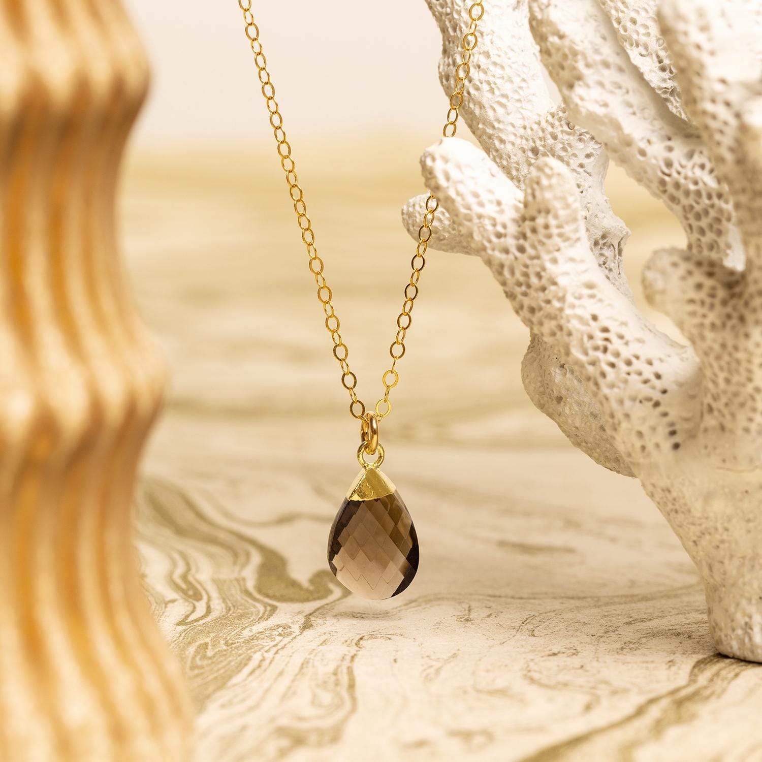 Smoky Quartz Gold Oval Pebble Style Drop Gemstone Pendant Necklace Necklaces Soul & Little Rose