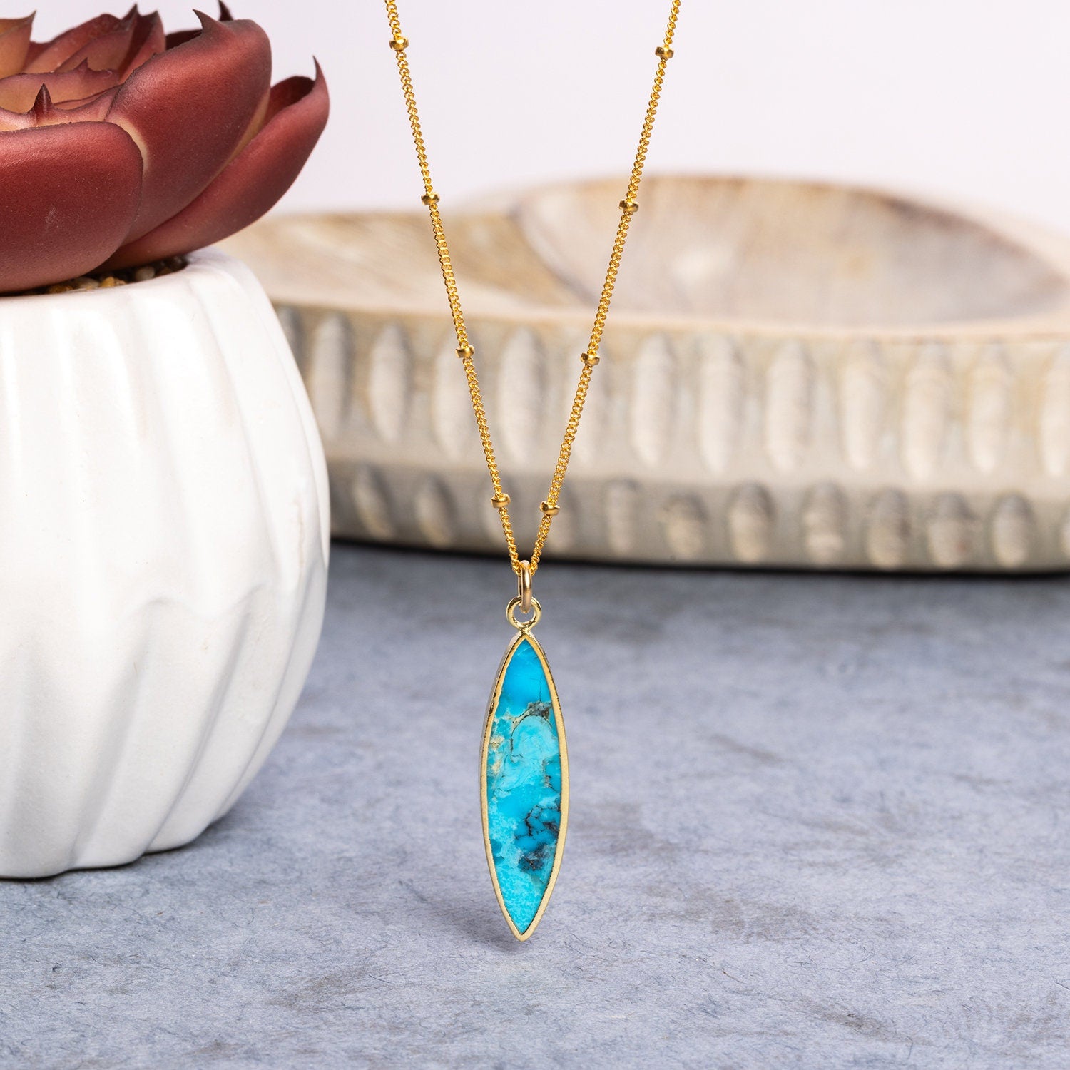 Gold Filled Long Marquise Turquoise Pendant Necklace Necklaces Soul & Little Rose