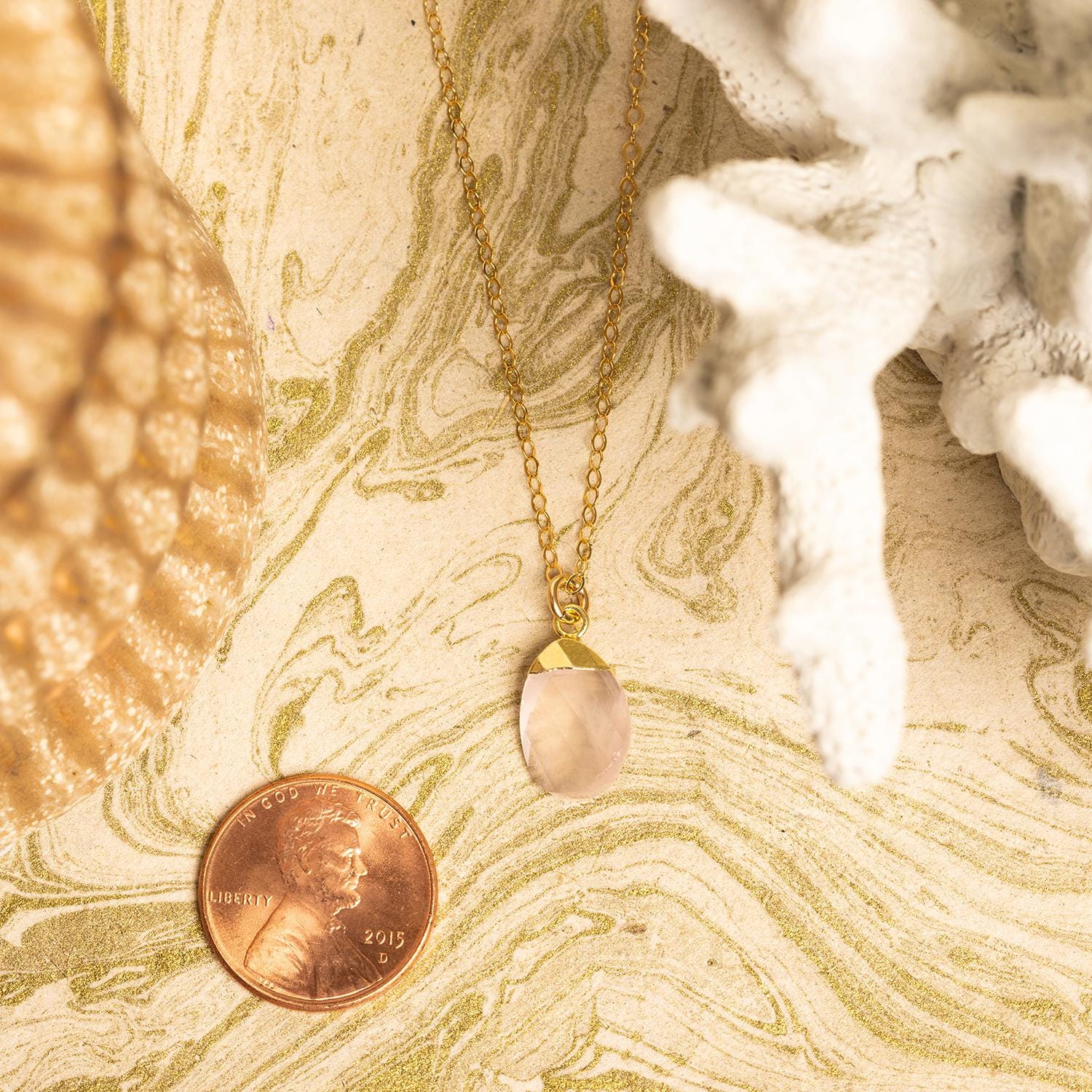 Pink Chalcedony Gold Oval Pebble Style Drop Pendant Necklace Necklaces Soul & Little Rose