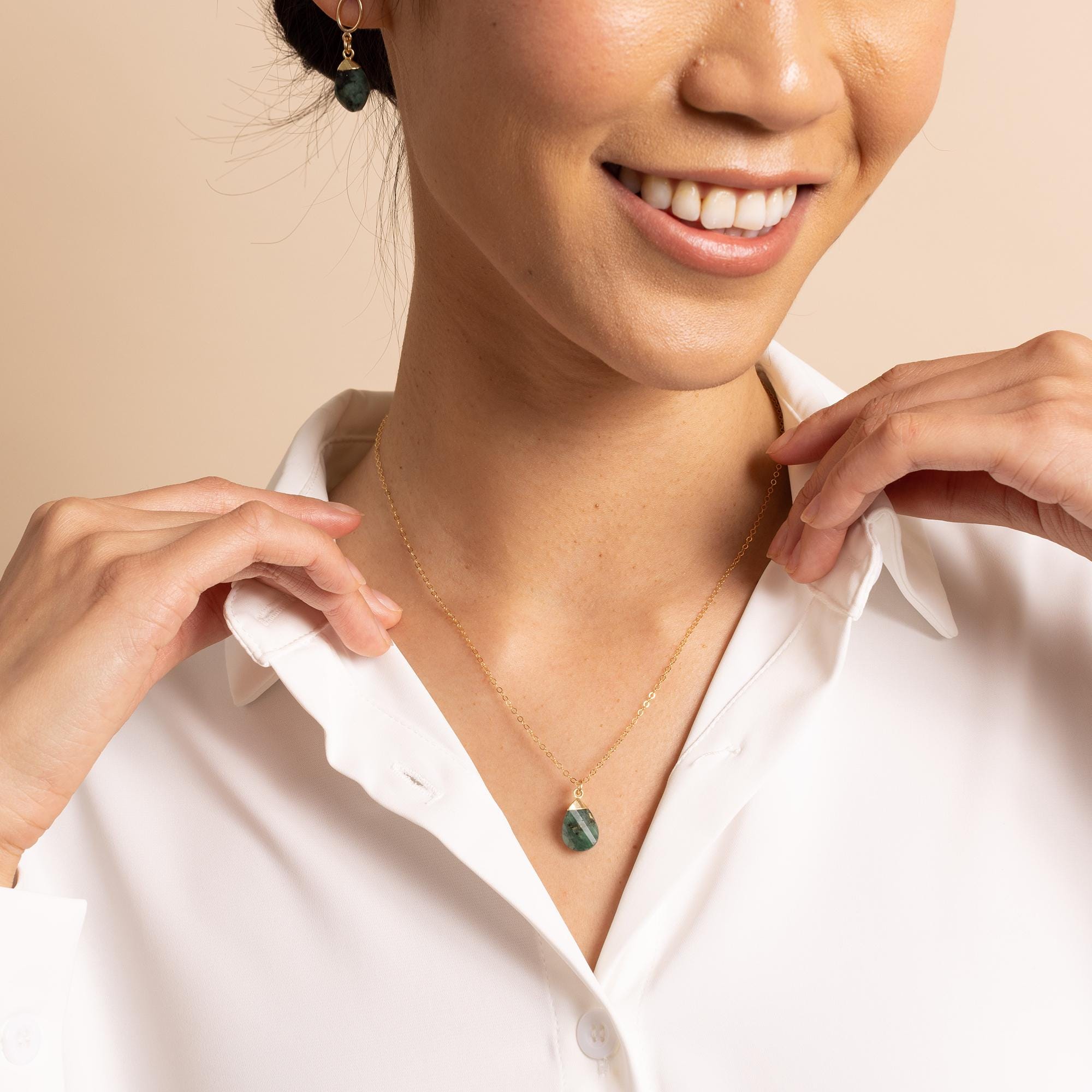 Raw Emerald Gold Oval Pebble Style Drop Pendant Necklace Necklaces Soul & Little Rose