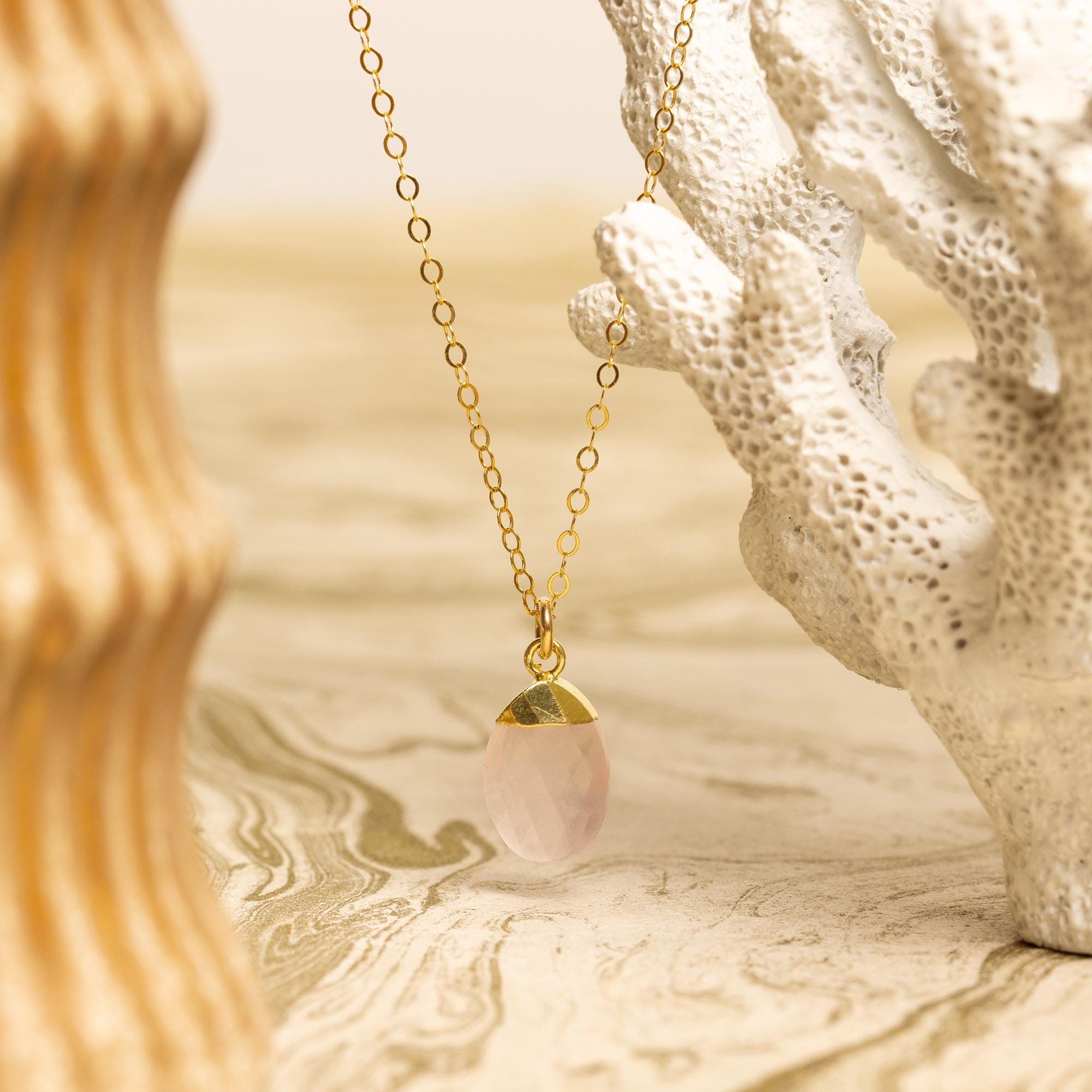 Pink Chalcedony Gold Oval Pebble Style Drop Pendant Necklace Necklaces Soul & Little Rose
