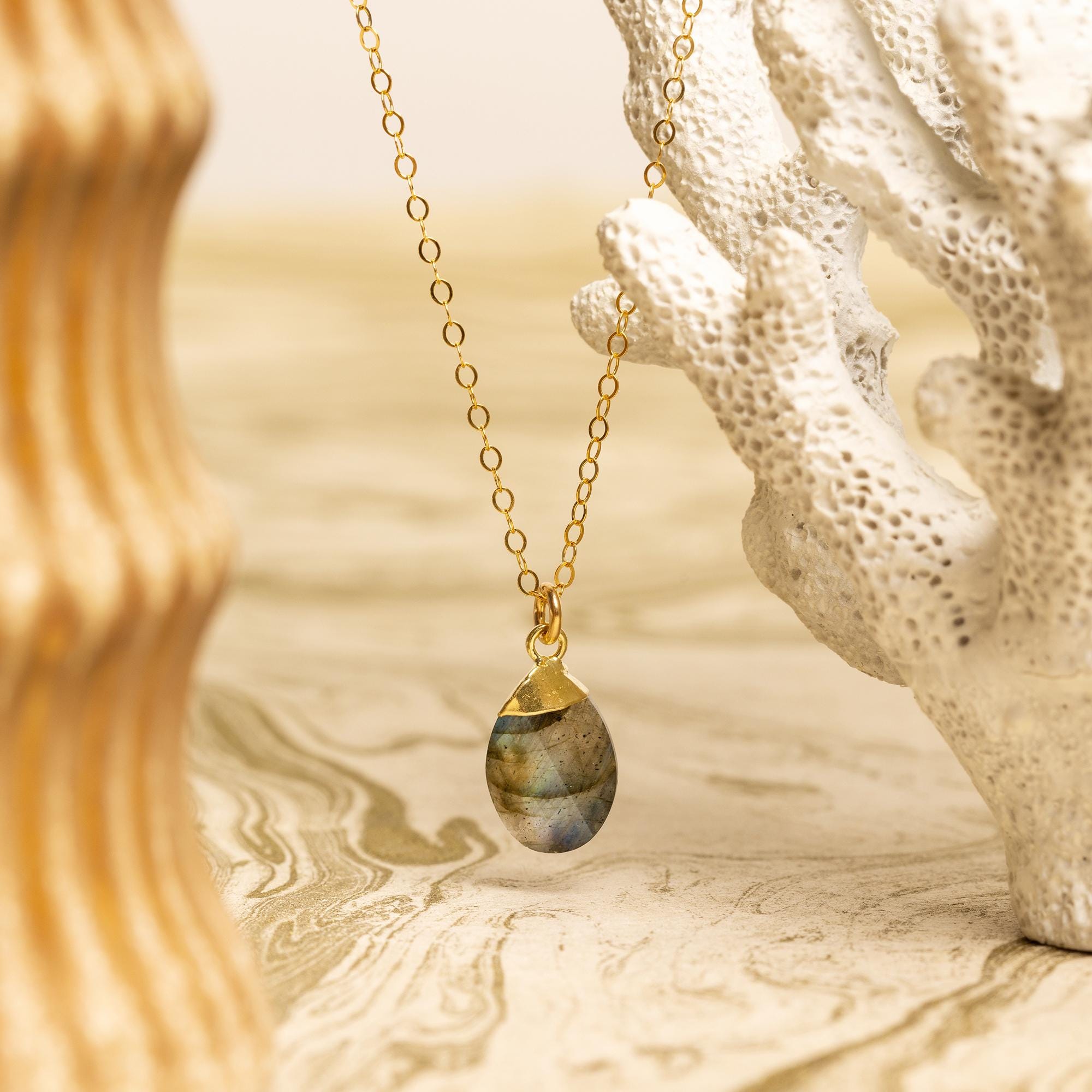 Gold Gilled Labradorite Oval Pebble Style Drop Pendant Necklace Necklaces Soul & Little Rose
