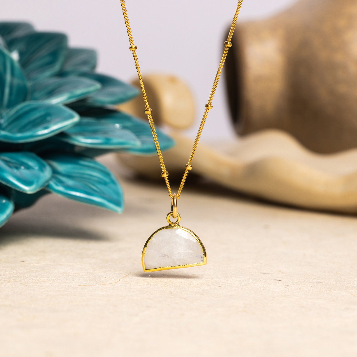 Gold Minimalist Half-Circle Moonstone Pendant 14k Gold Filled