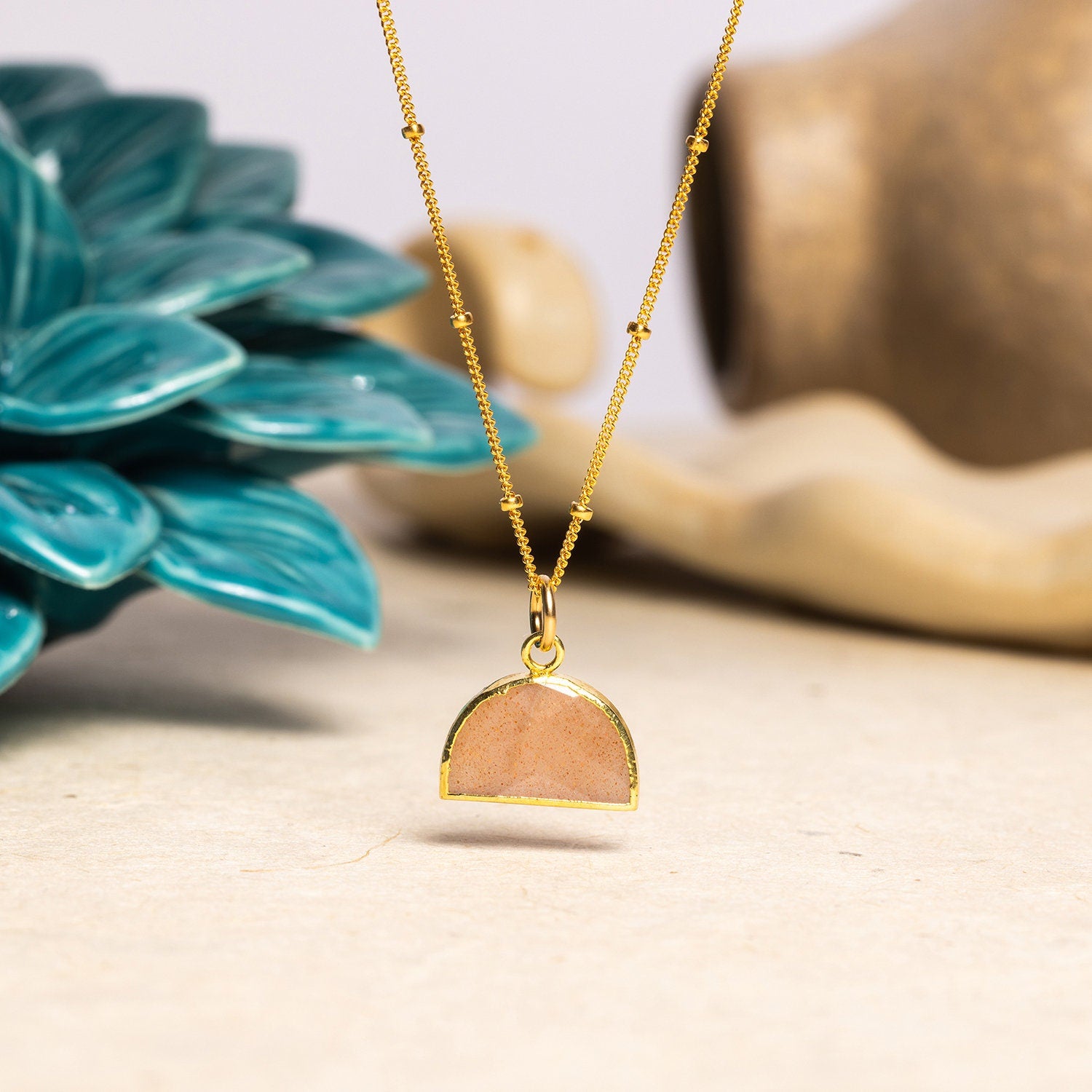 Gold Peach Moonstone Half Circle Shape Pendant Necklace Necklaces Soul & Little Rose