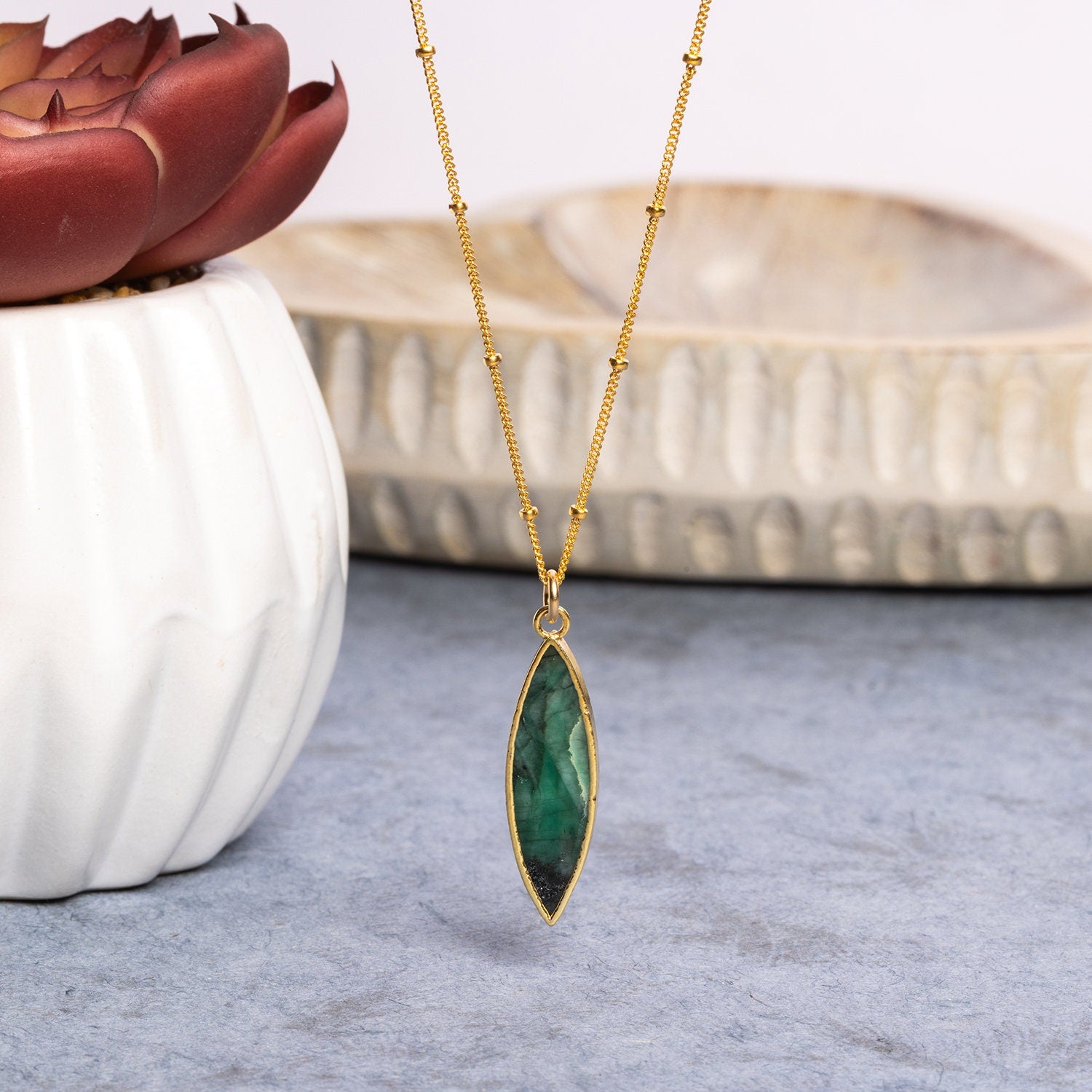 Gold Filled Long Marquise Emerald Pendant Necklace Necklaces Soul & Little Rose