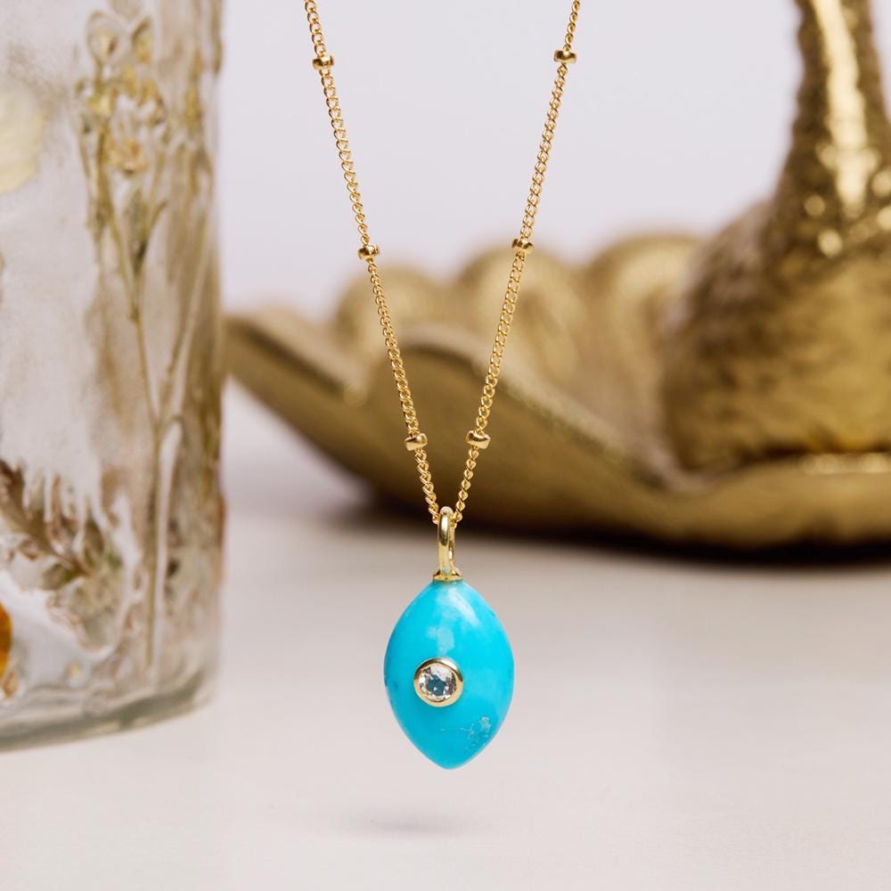 Gold Filled Large Marquise Shape Blue Turquoise Pendant Necklace Necklaces Soul & Little Rose