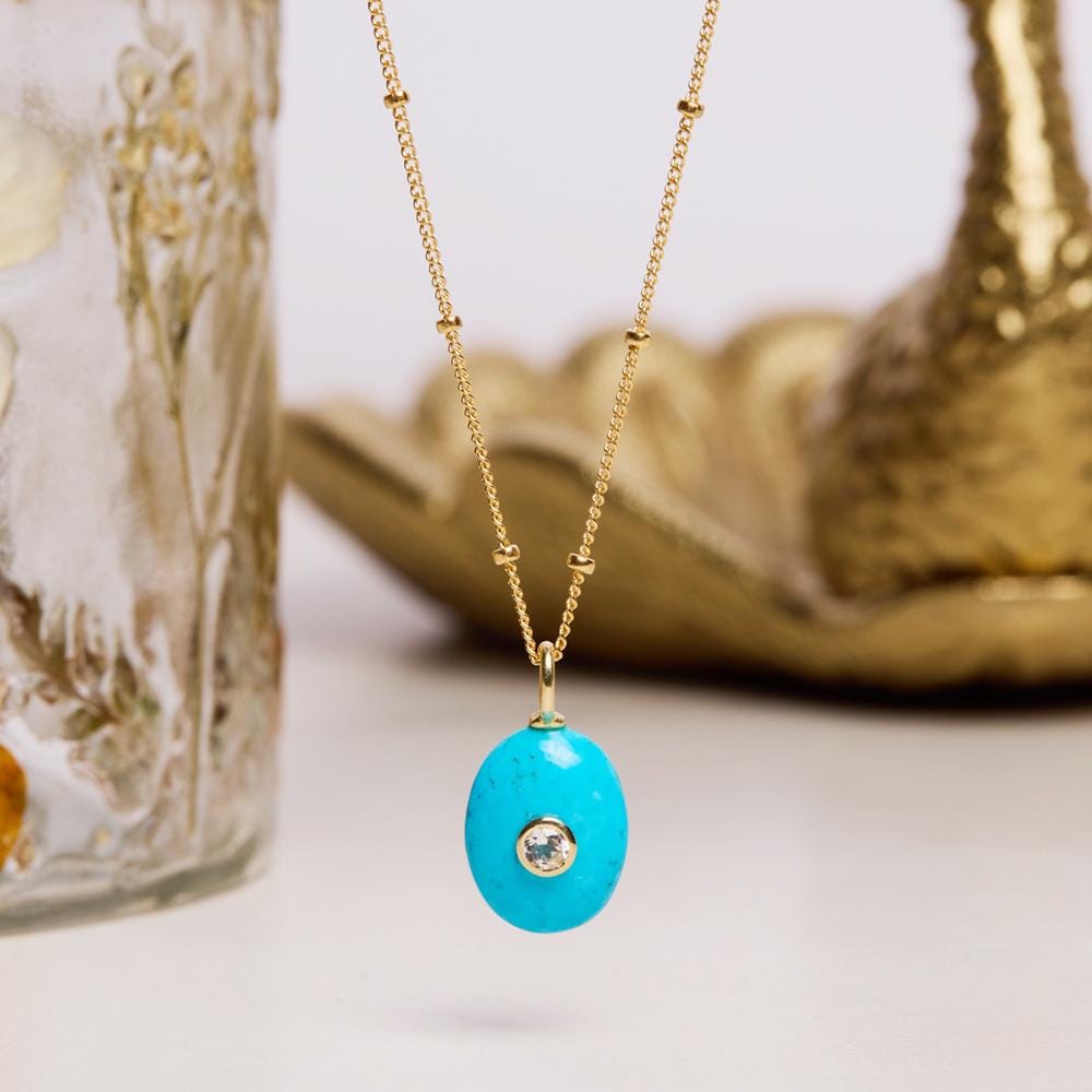 Gold Filled Oval Blue Turquoise and White Topaz Pendant Necklace