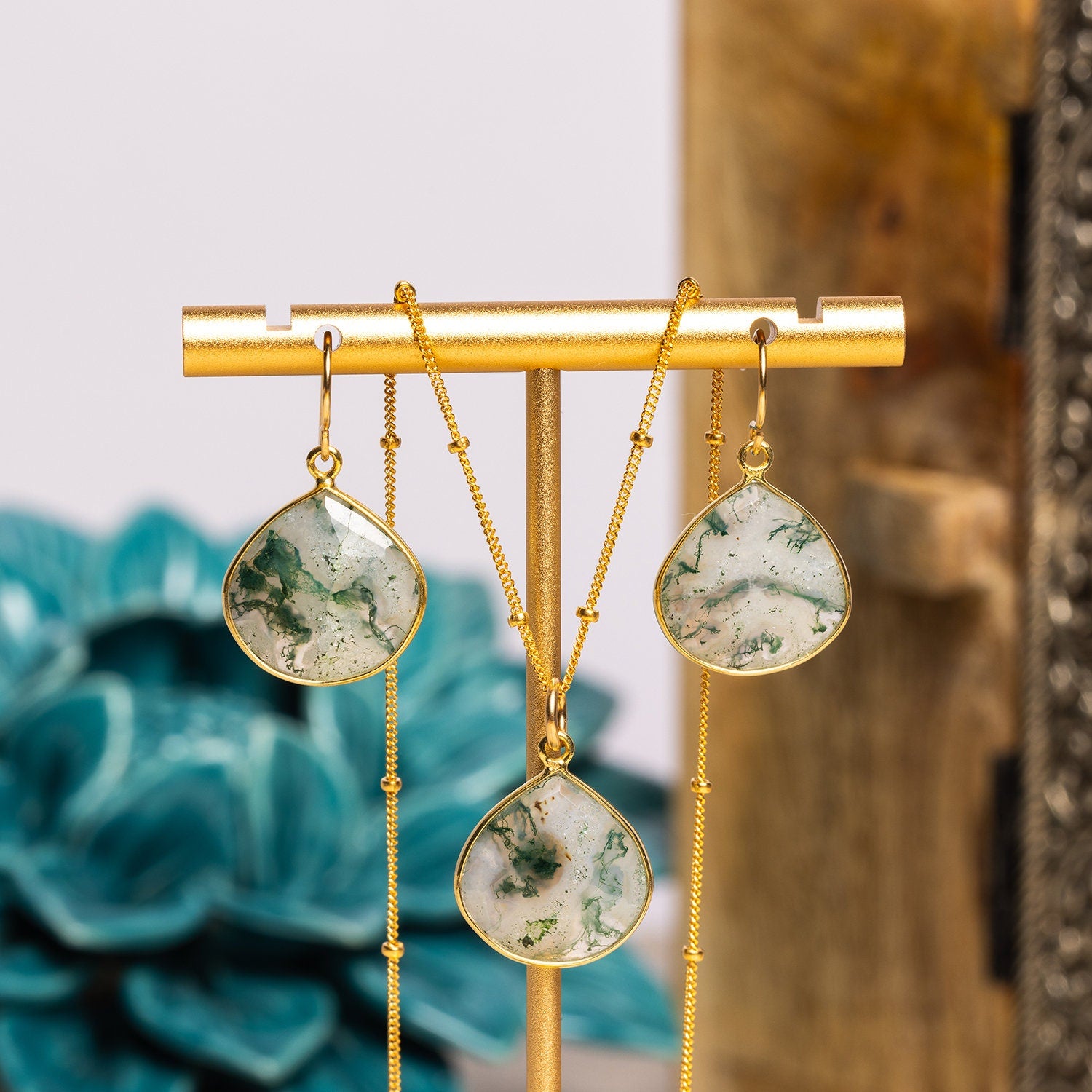 14k Gold Filled Moss Agate Drop Necklace and Earrings SET Necklace and Earrings Set Soul & Little Rose