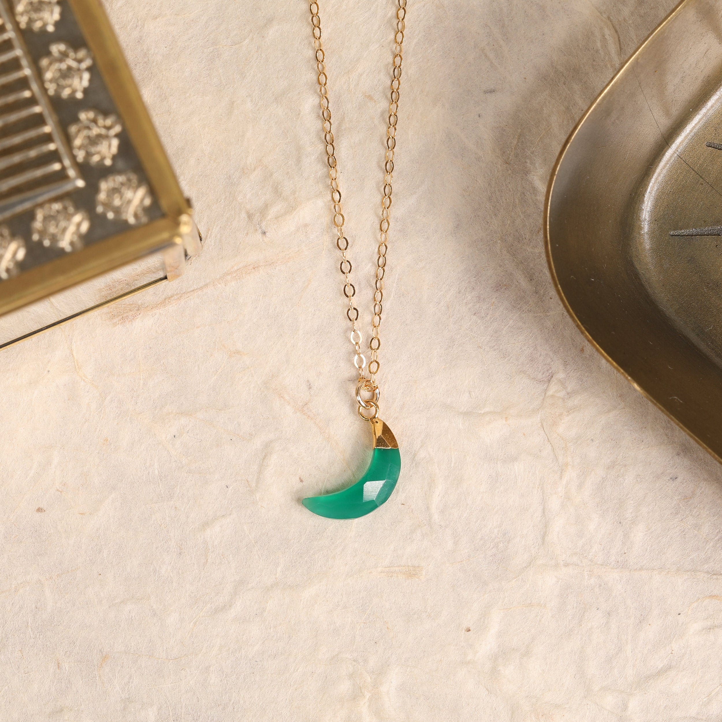 Green Onyx Moon Pendant Gold Necklace Necklaces Soul & Little Rose