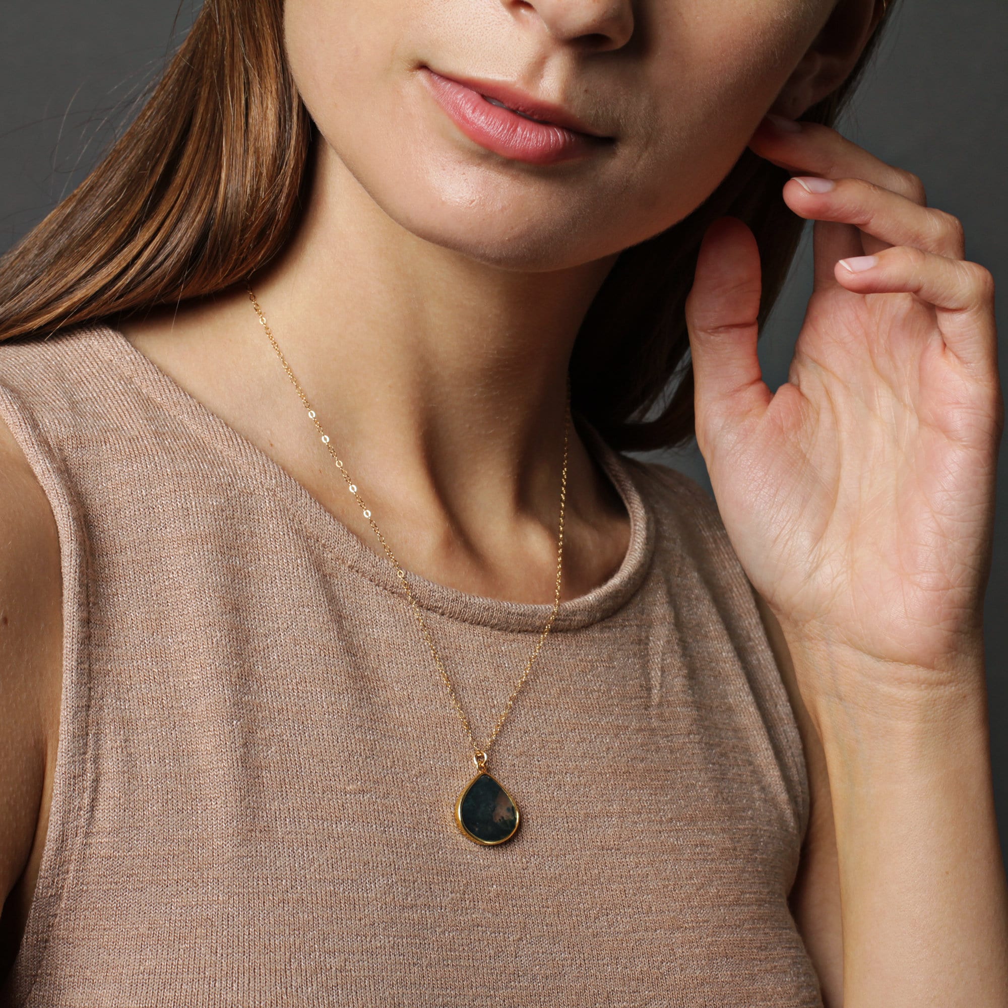 Moss Agate Large Drop Gold Pendant Necklace Necklaces Soul & Little Rose
