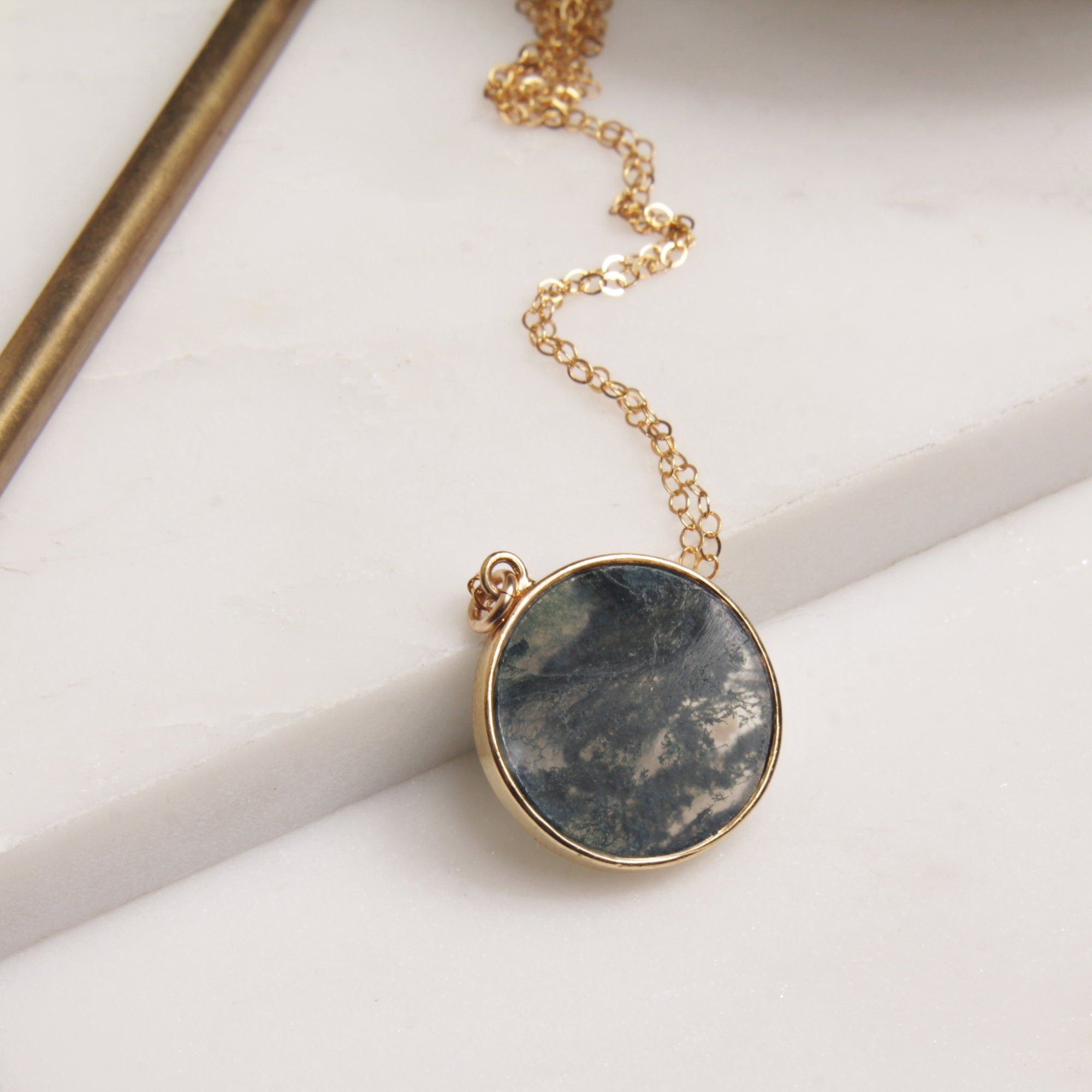 Moss Agate Round Disc Gold Pendant Necklace Necklaces Soul & Little Rose