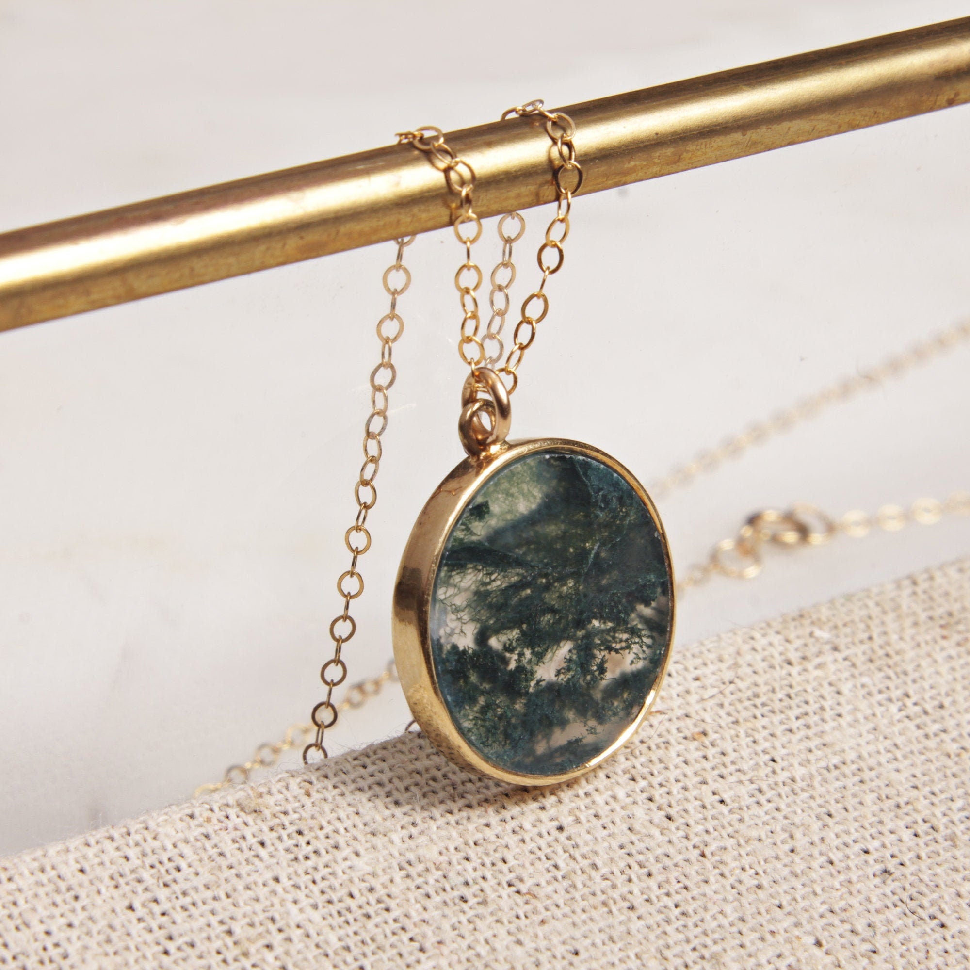 Moss Agate Round Disc Gold Pendant Necklace Necklaces Soul & Little Rose