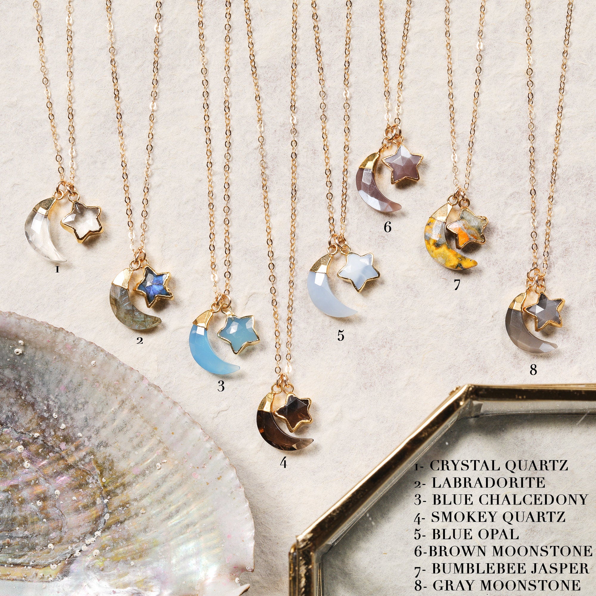 Moon and Star Gemstone Gold Pendant Necklaces Necklaces Soul & Little Rose