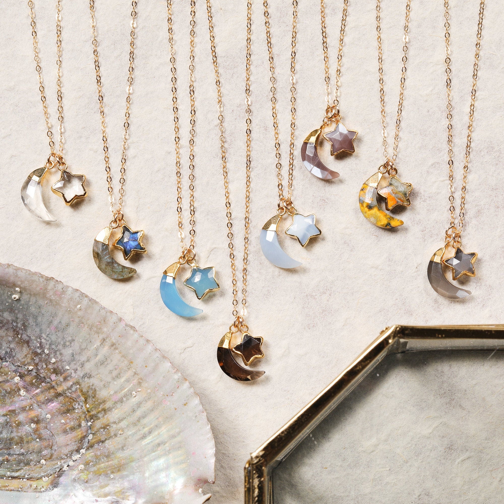 Moon and Star Gemstone Gold Pendant Necklaces Necklaces Soul & Little Rose