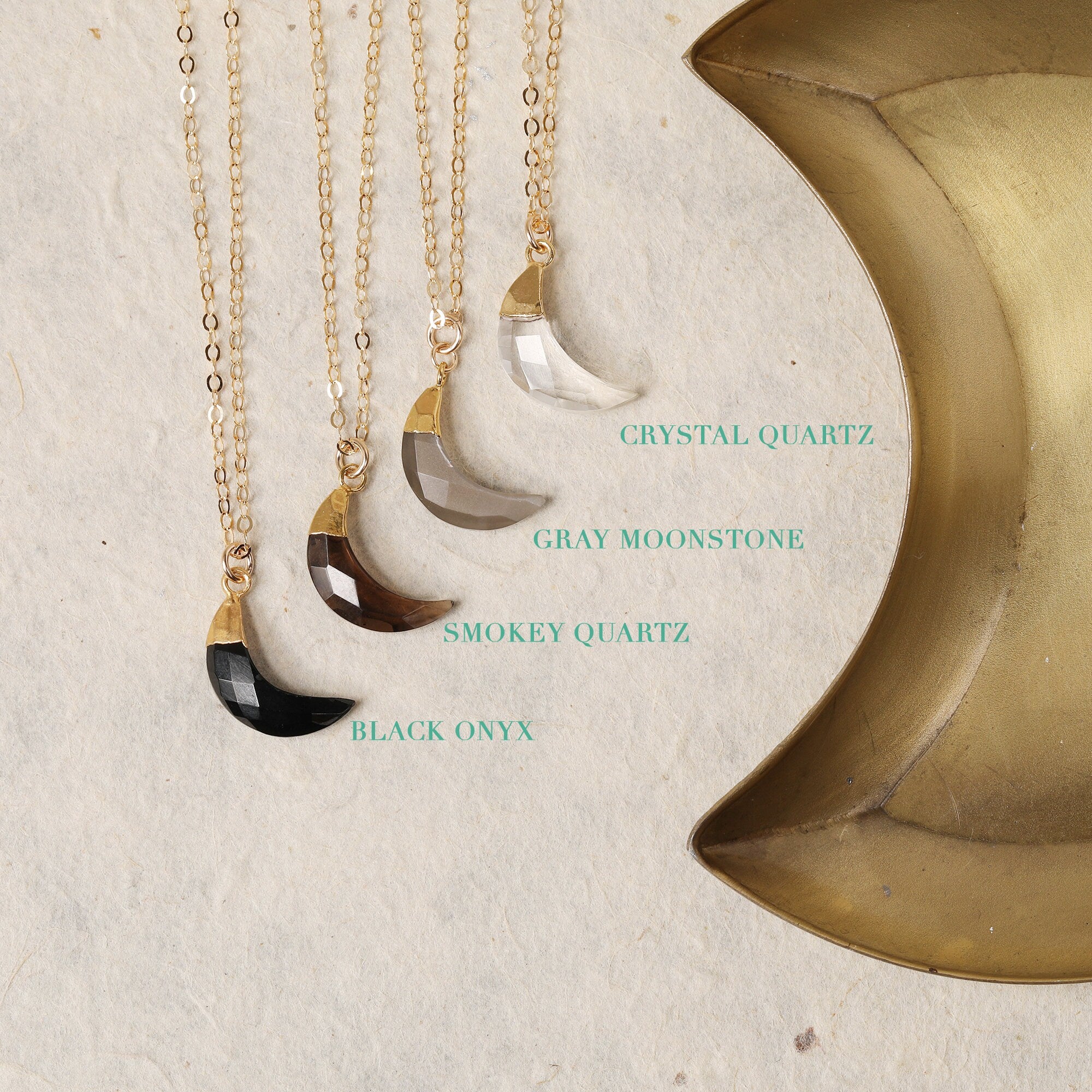 Moon Shape Gemstone Gold Necklaces: Onyx, Smokey, Moonstone and Quartz Necklaces Soul & Little Rose