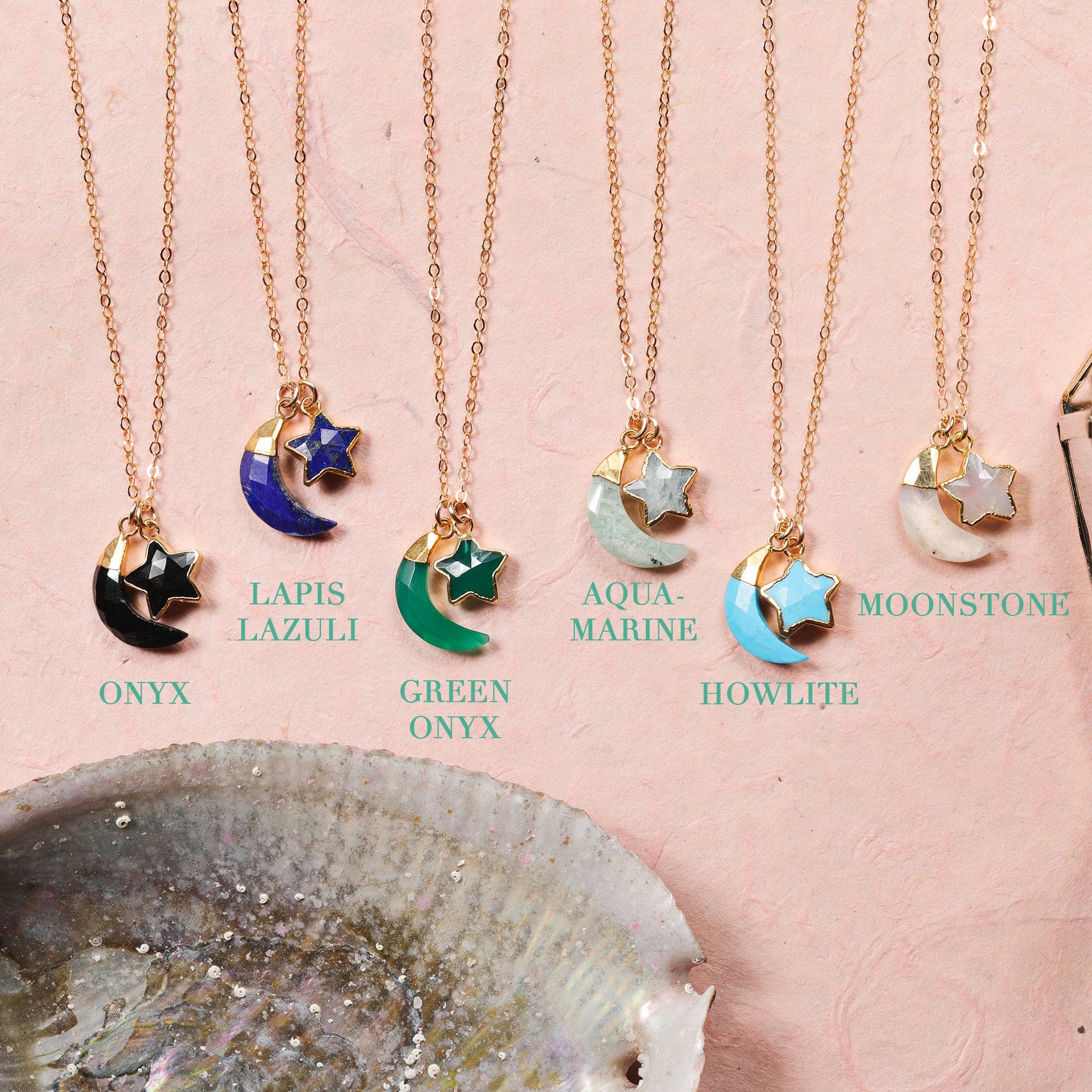 Moon and Star Gemstone Pendant Gold Necklace Necklaces Soul & Little Rose