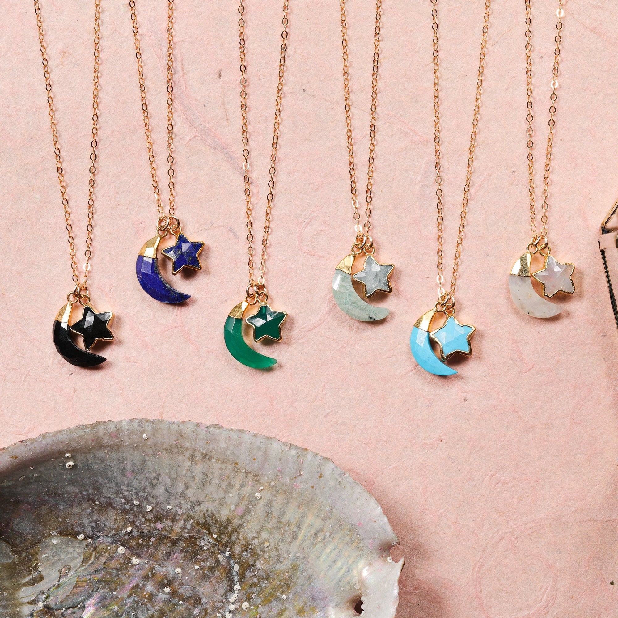 Moon and Star Gemstone Pendant Gold Necklace Necklaces Soul & Little Rose