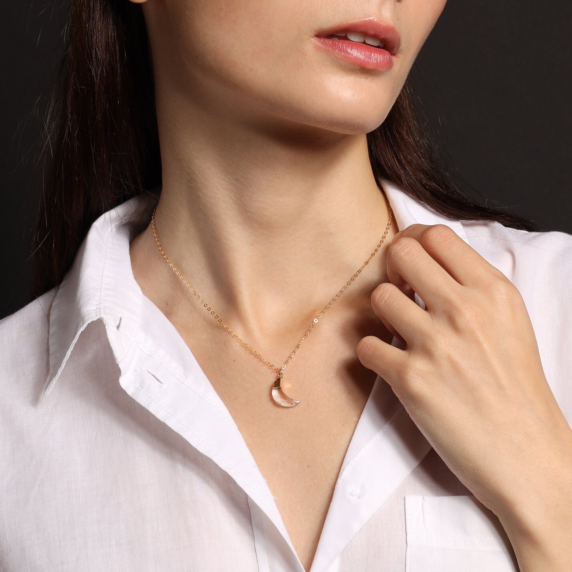 Moon Shape Gemstone Gold Necklaces: Onyx, Smokey, Moonstone and Quartz Necklaces Soul & Little Rose