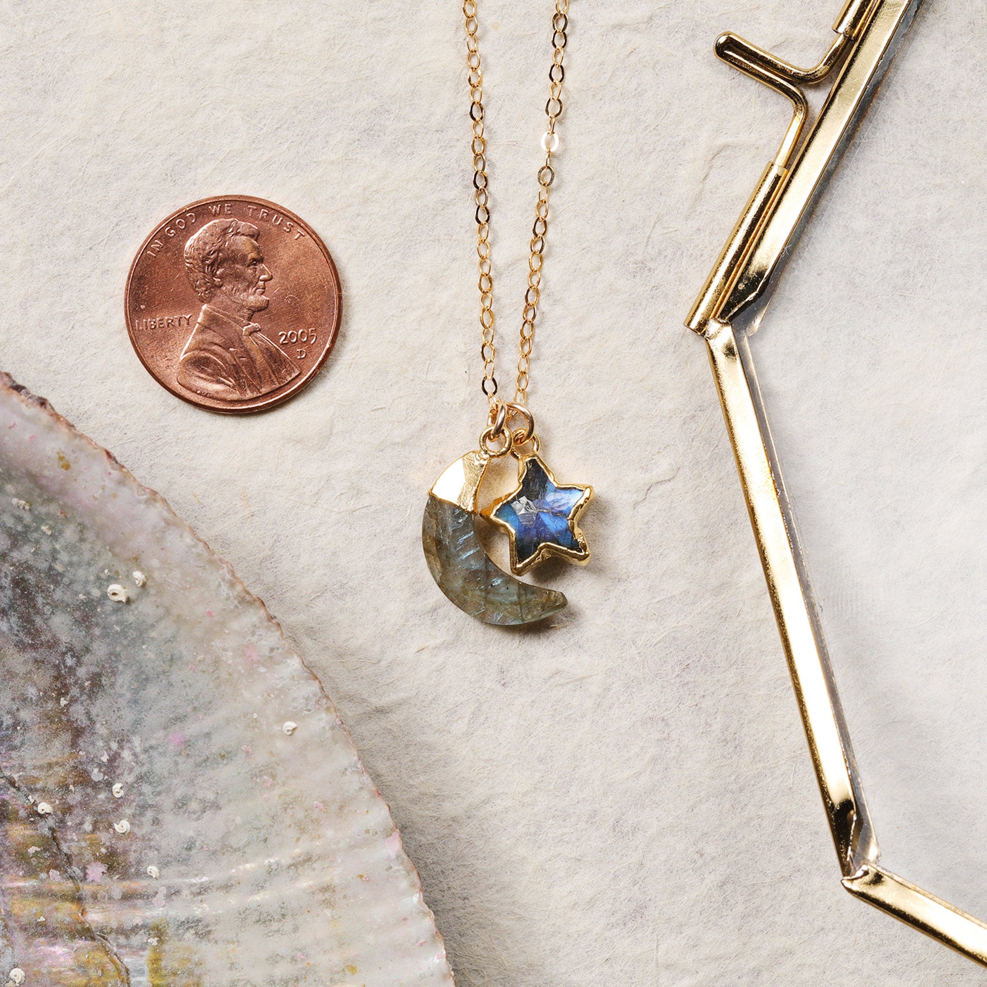 Labradorite Moon and Star Gold Pendants Necklace Necklaces Soul & Little Rose