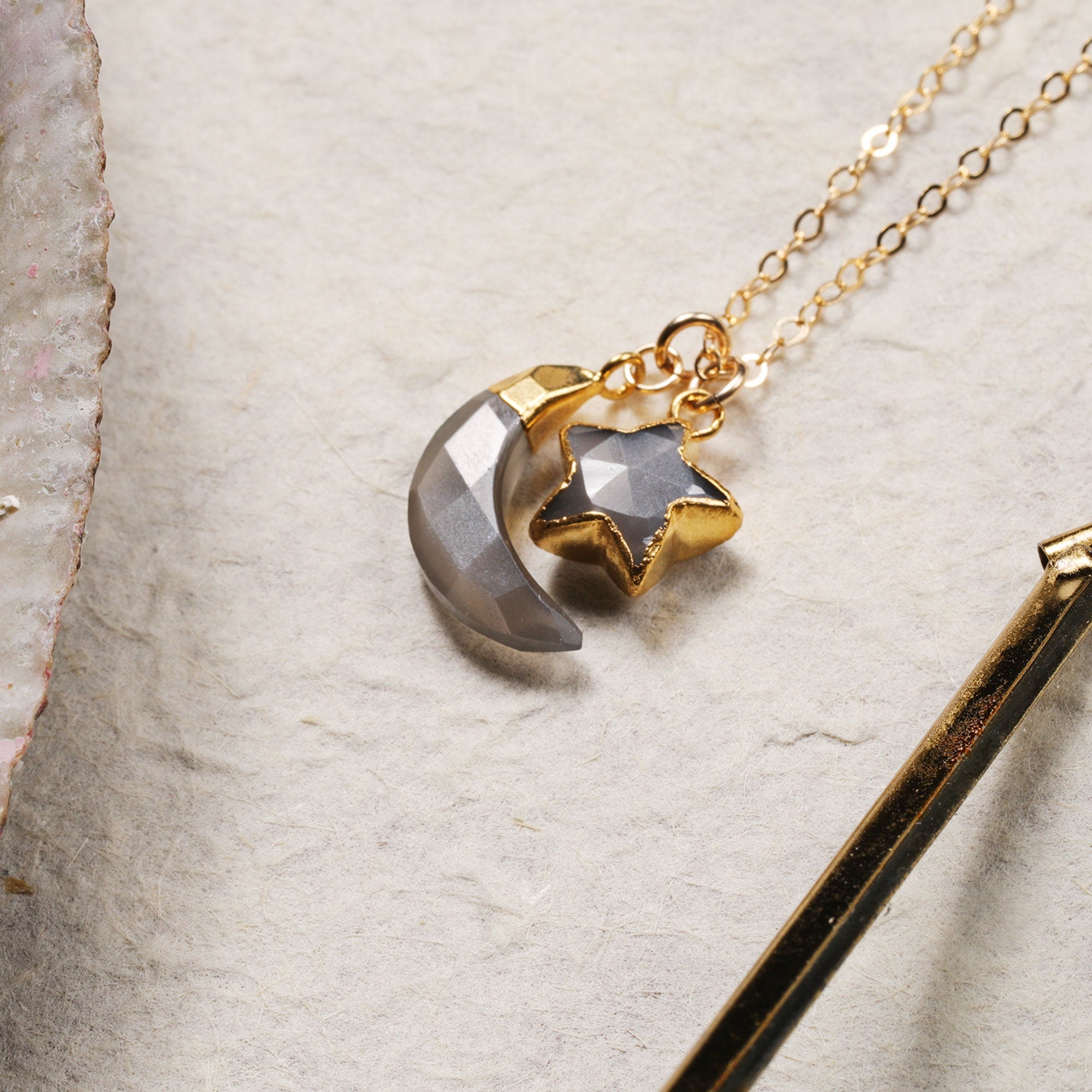 Gray Moonstone Necklace Moon and Star Gold Pendant Necklace Necklaces Soul & Little Rose