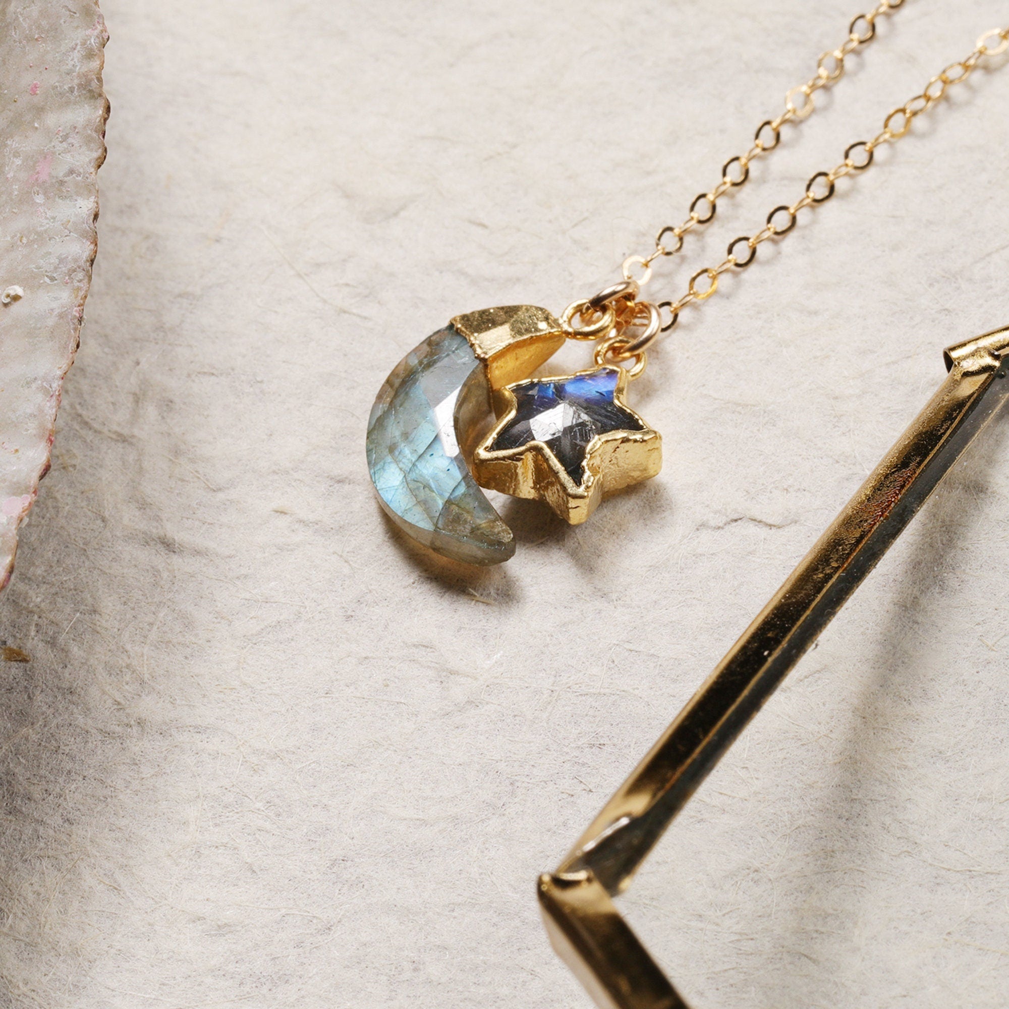 Labradorite Moon and Star Gold Pendants Necklace Necklaces Soul & Little Rose