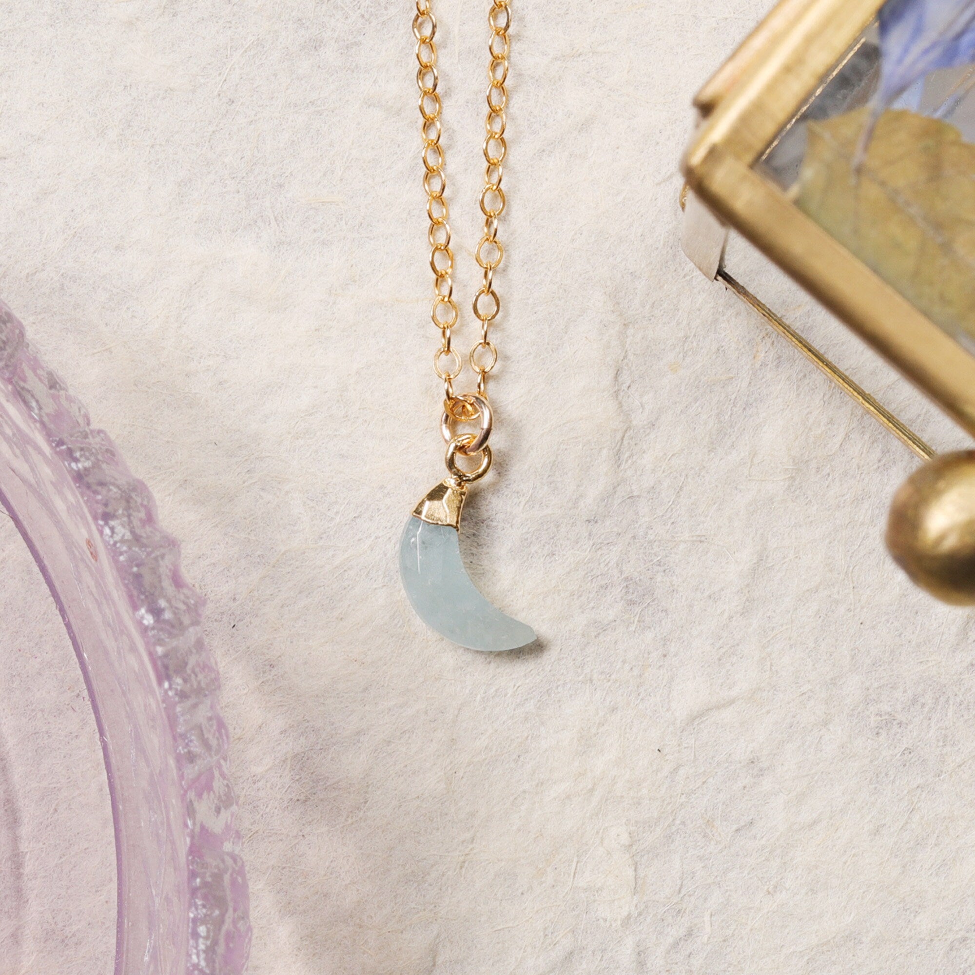 Aquamarine Mini Moon Gold Pendant Necklace Necklaces Soul & Little Rose