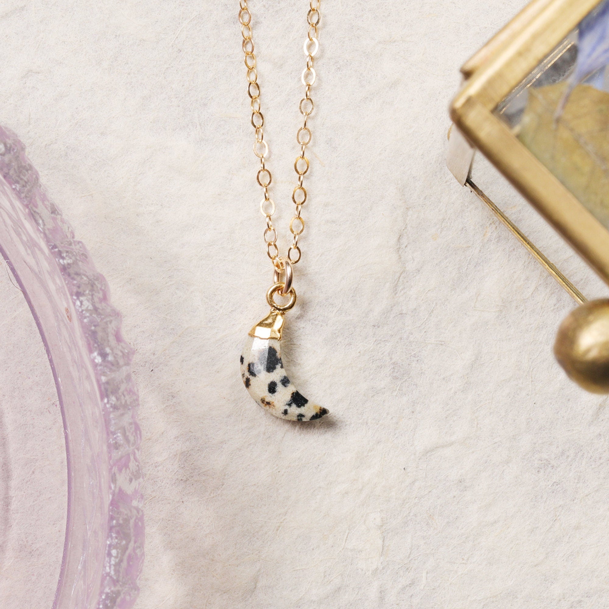 Dalmatian Jasper Moon Shape Gold Necklace Necklaces Soul & Little Rose