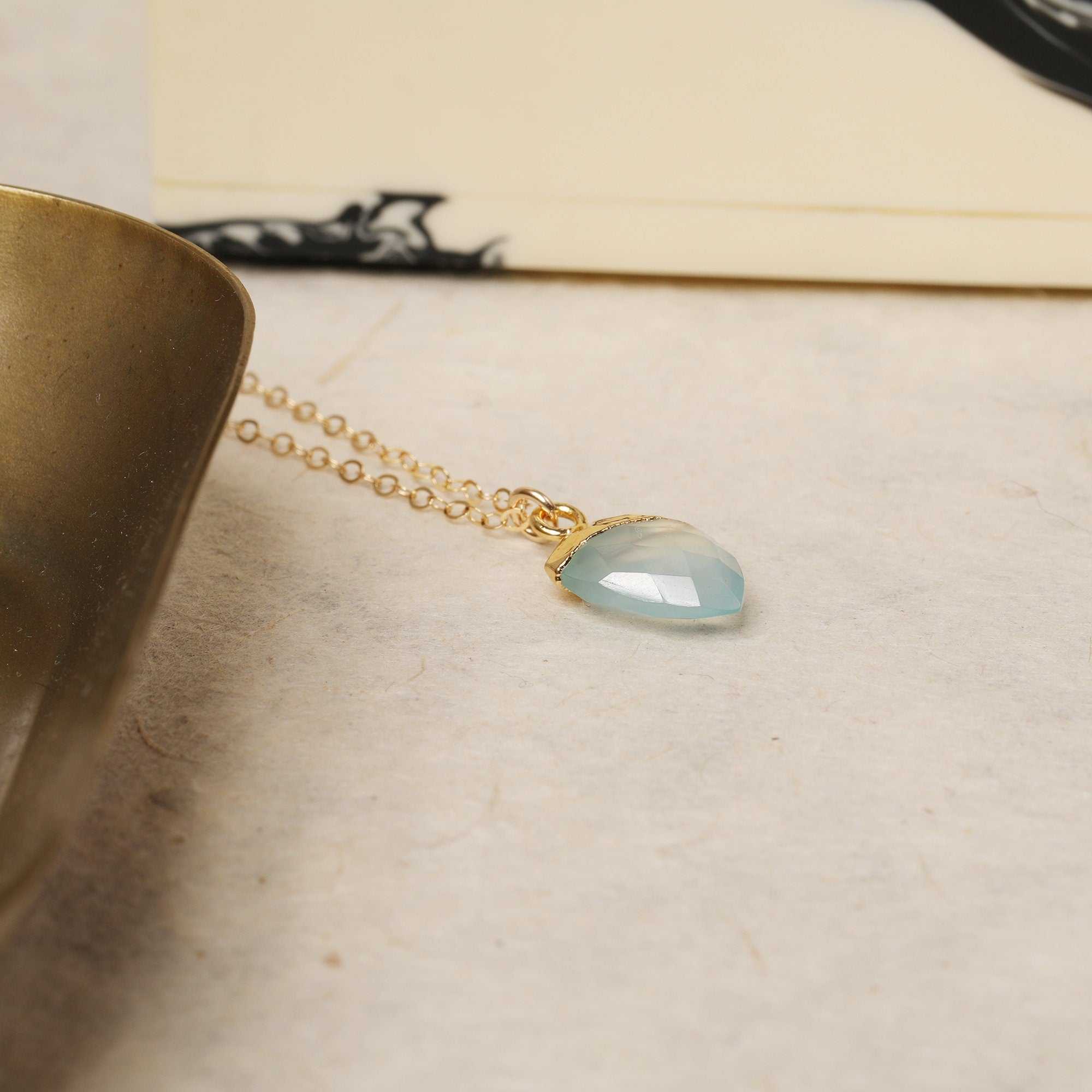 Aqua Chalcedony Shield Shape Gold Pendant Necklace Necklaces Soul & Little Rose