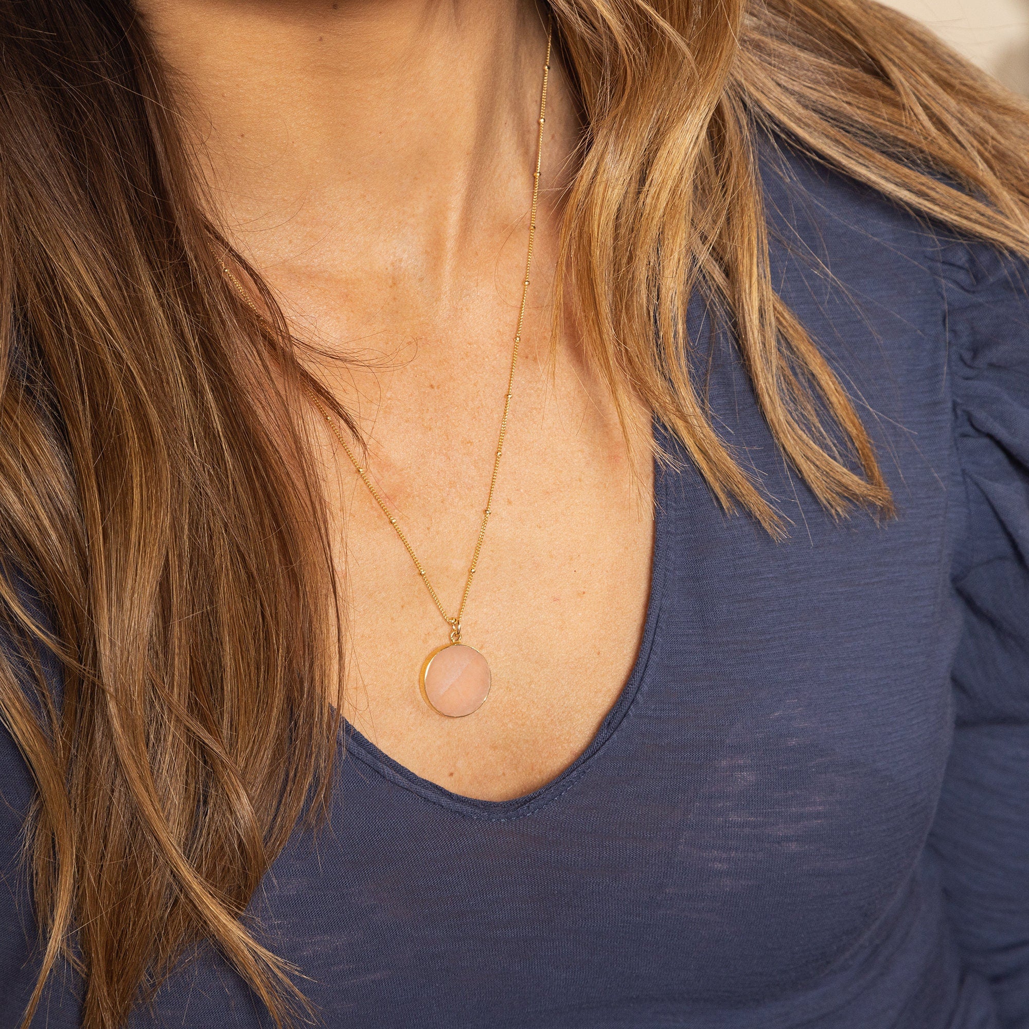 Rose Quartz Round Disc Gold Necklace (Satellite Chain) Necklaces Soul & Little Rose
