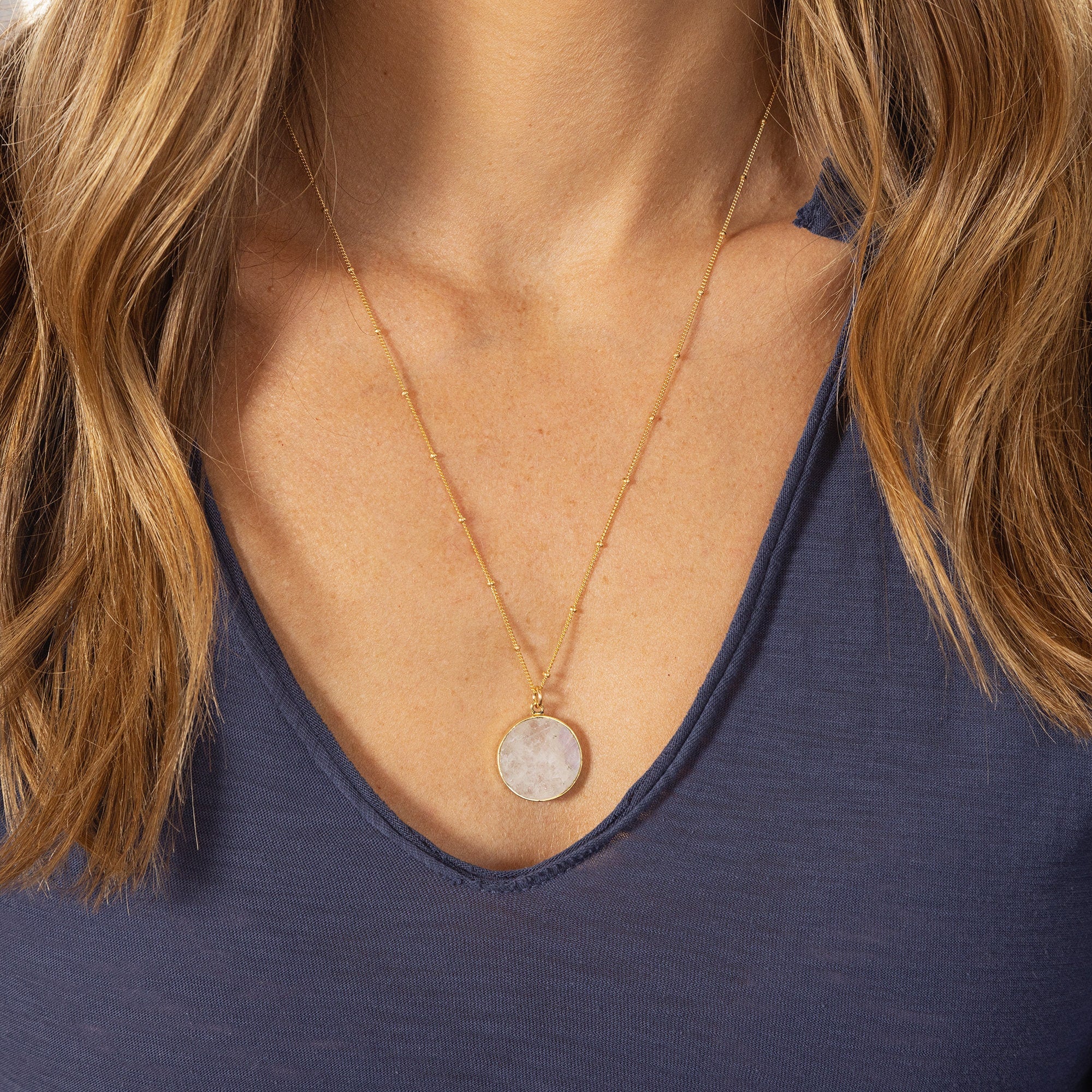 Moonstone Circle Gold Pendant Necklace (Satellite Chain) Necklaces Soul & Little Rose