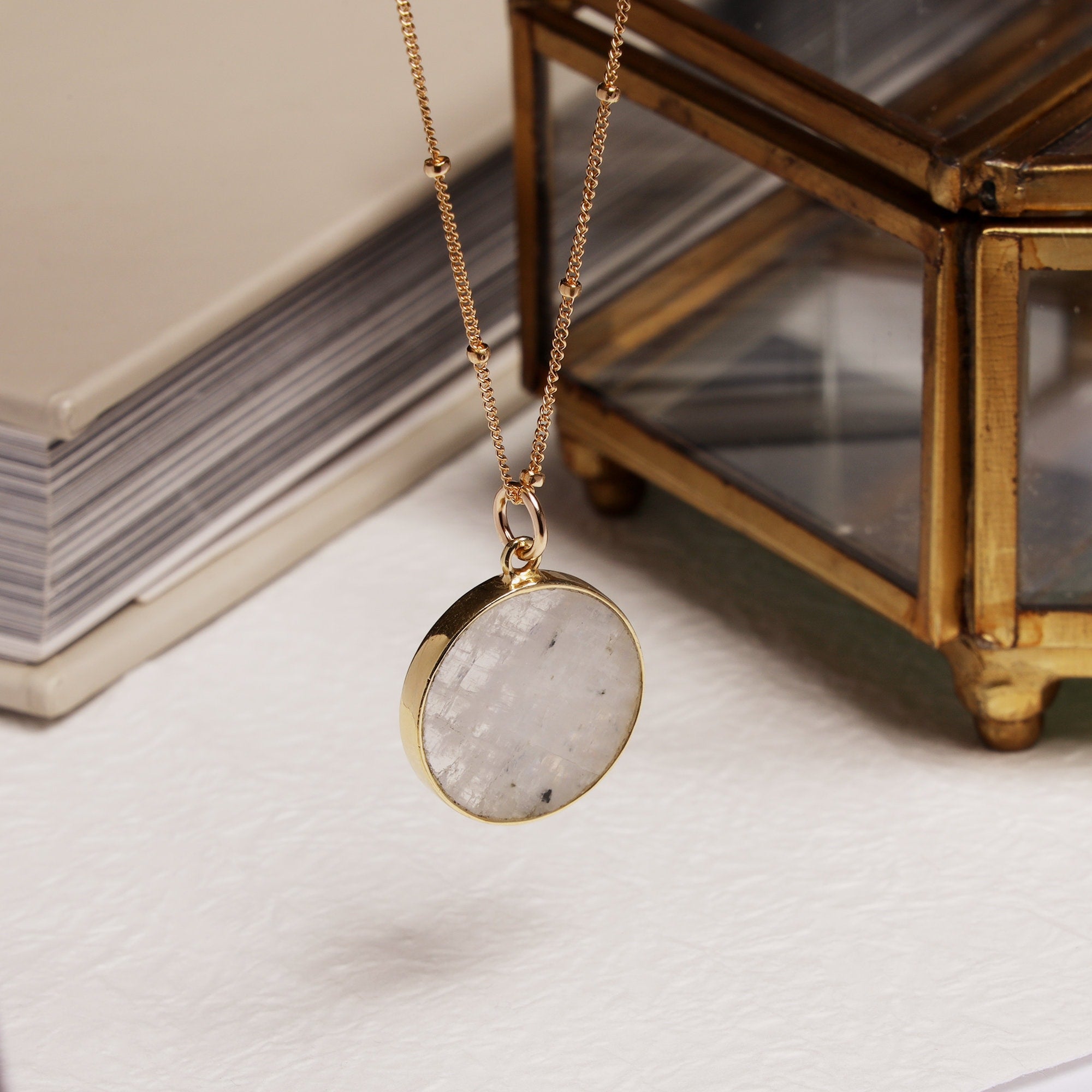 Moonstone Circle Gold Pendant Necklace (Satellite Chain) Necklaces Soul & Little Rose