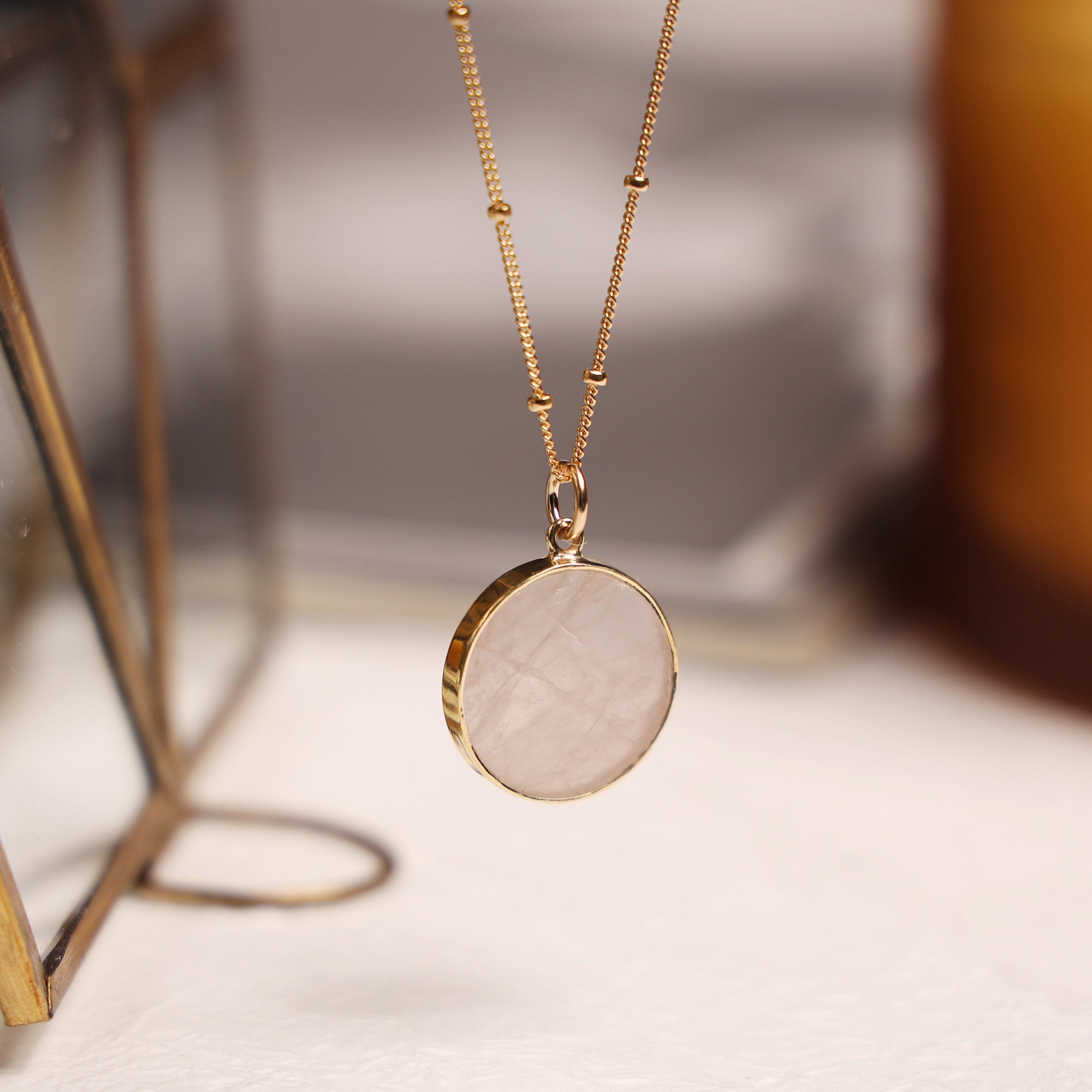 Rose Quartz Round Disc Gold Necklace (Satellite Chain) Necklaces Soul & Little Rose
